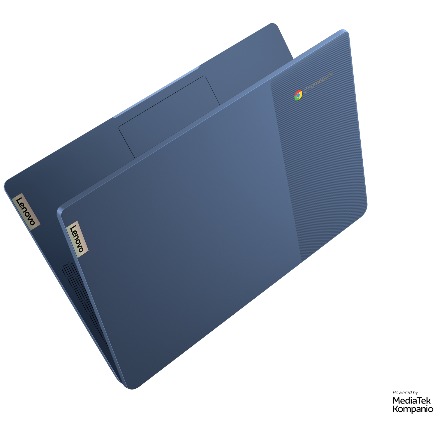 A blue Lenovo Chromebook with the "Chromebook" logo and keyboard visible.