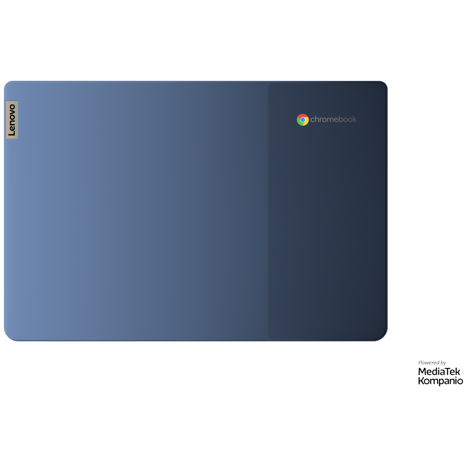 A blue Lenovo Chromebook laptop with Google logo and texture.