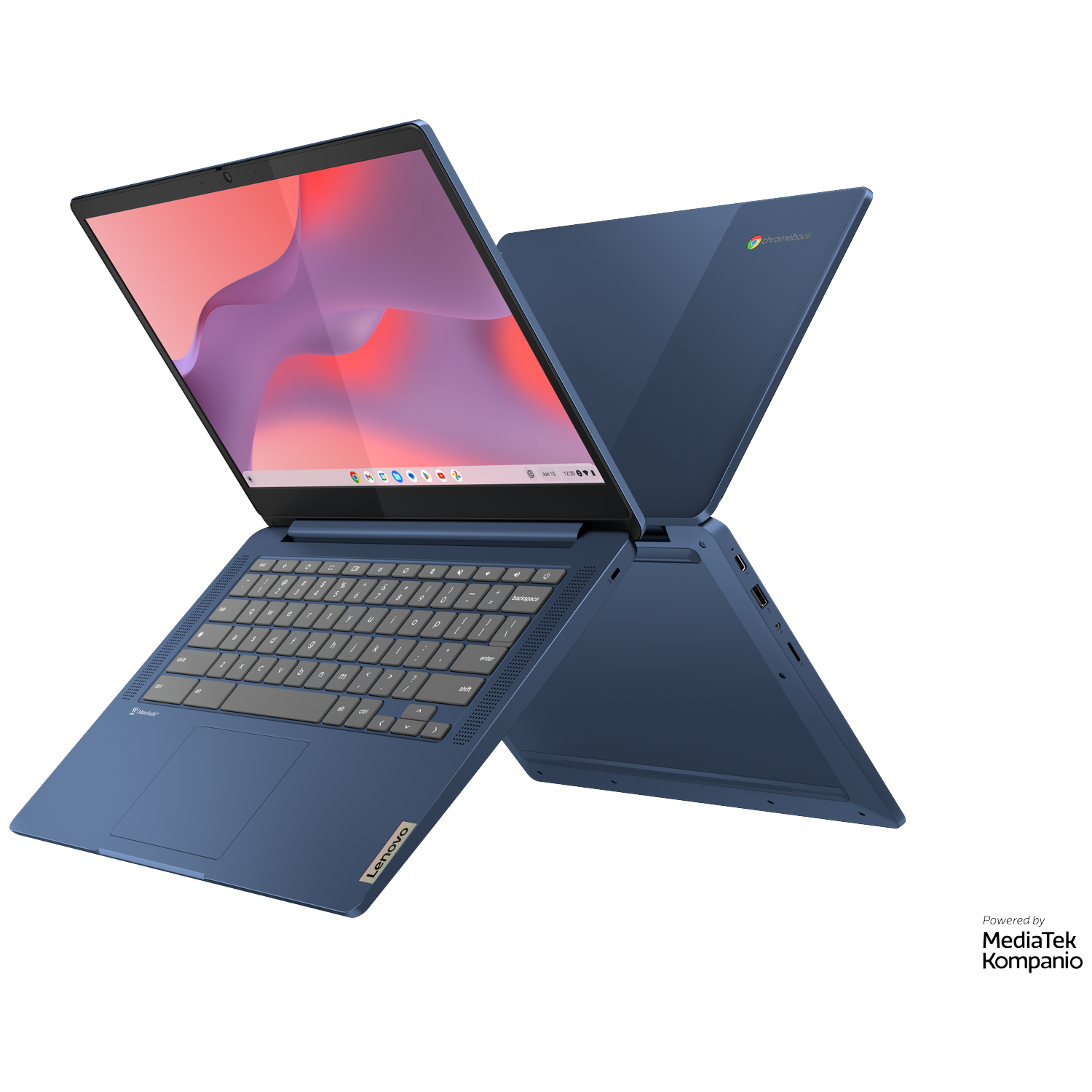A blue Lenovo Chromebook with keyboard and screen is open.