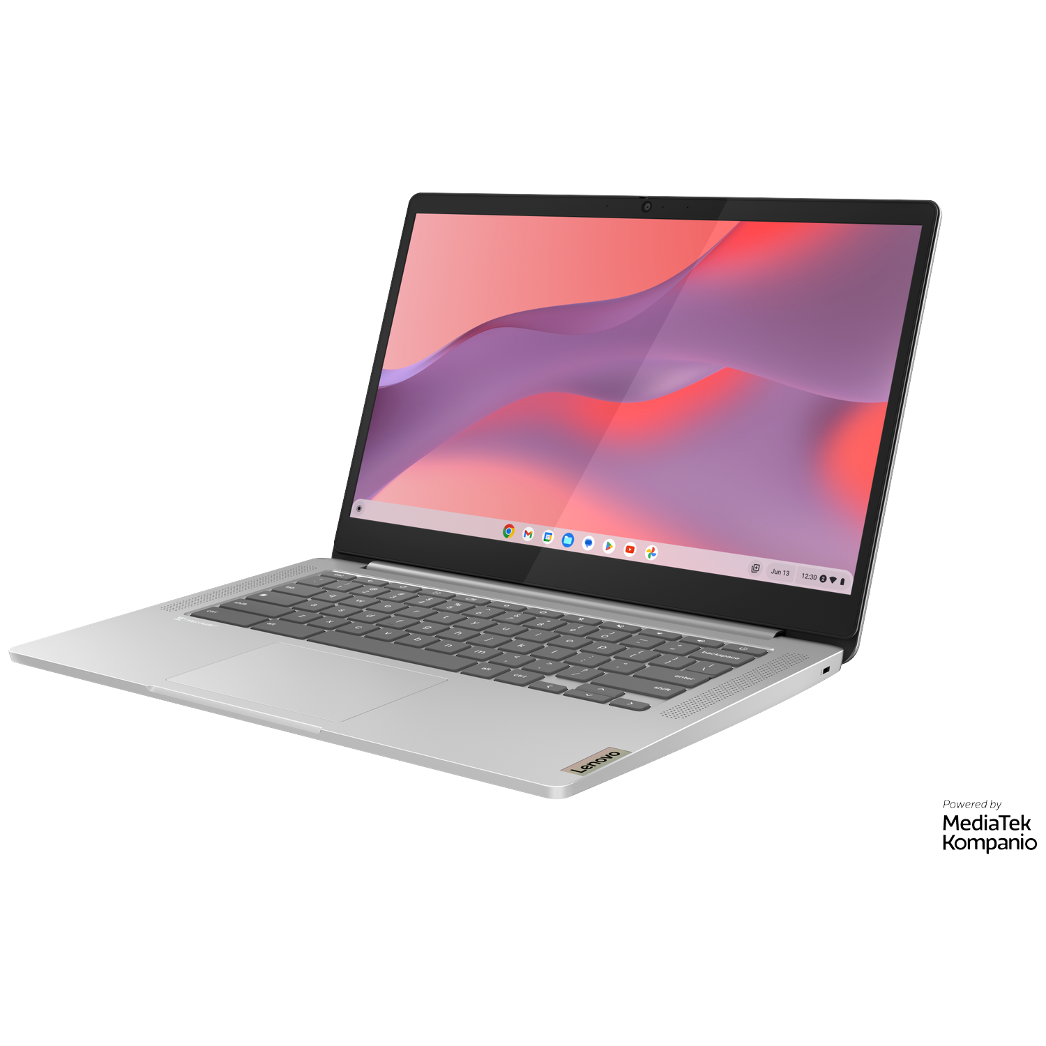 Silver laptop with illuminated screen showing a vibrant desktop design.