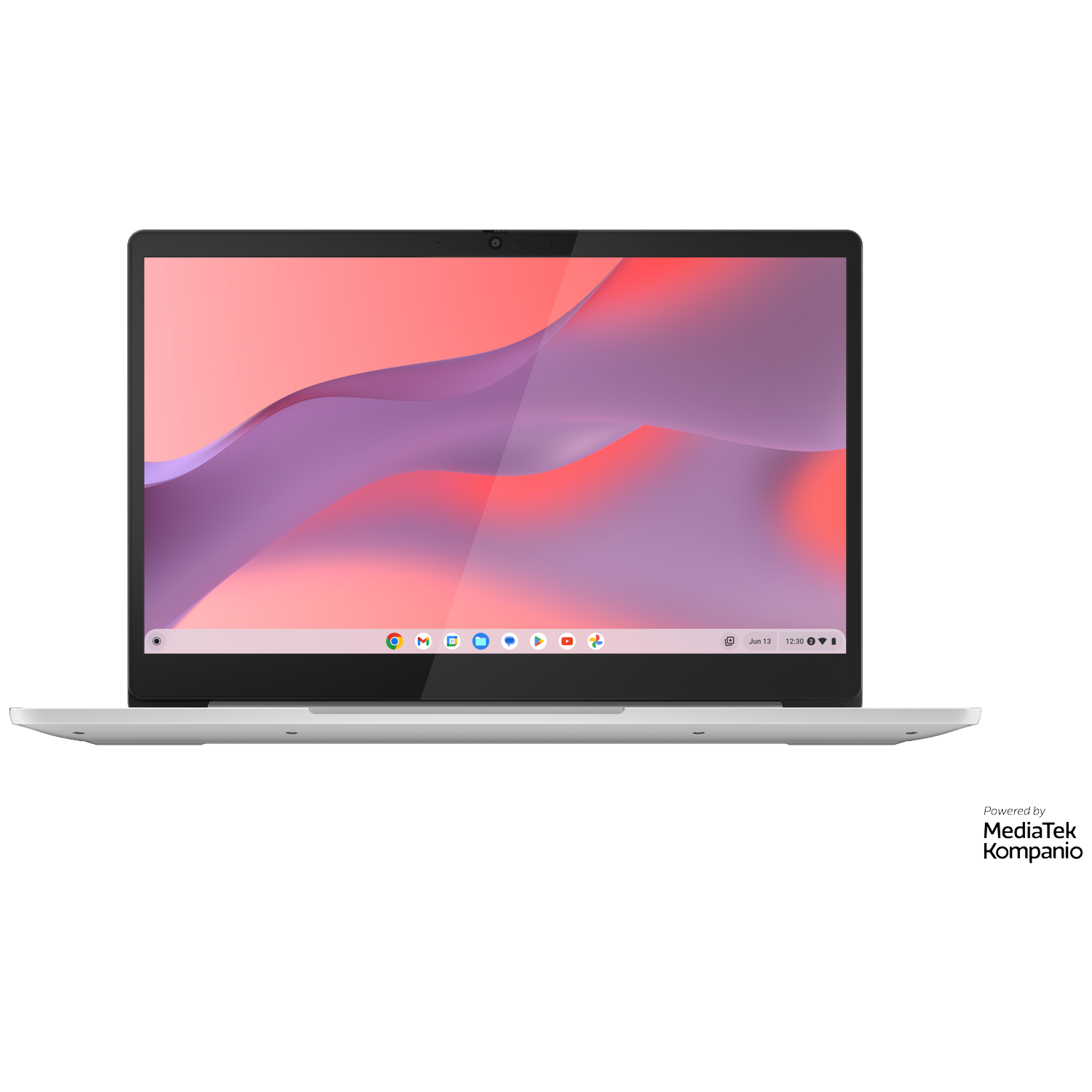 A silver laptop displaying a pink and purple abstract background on its screen.