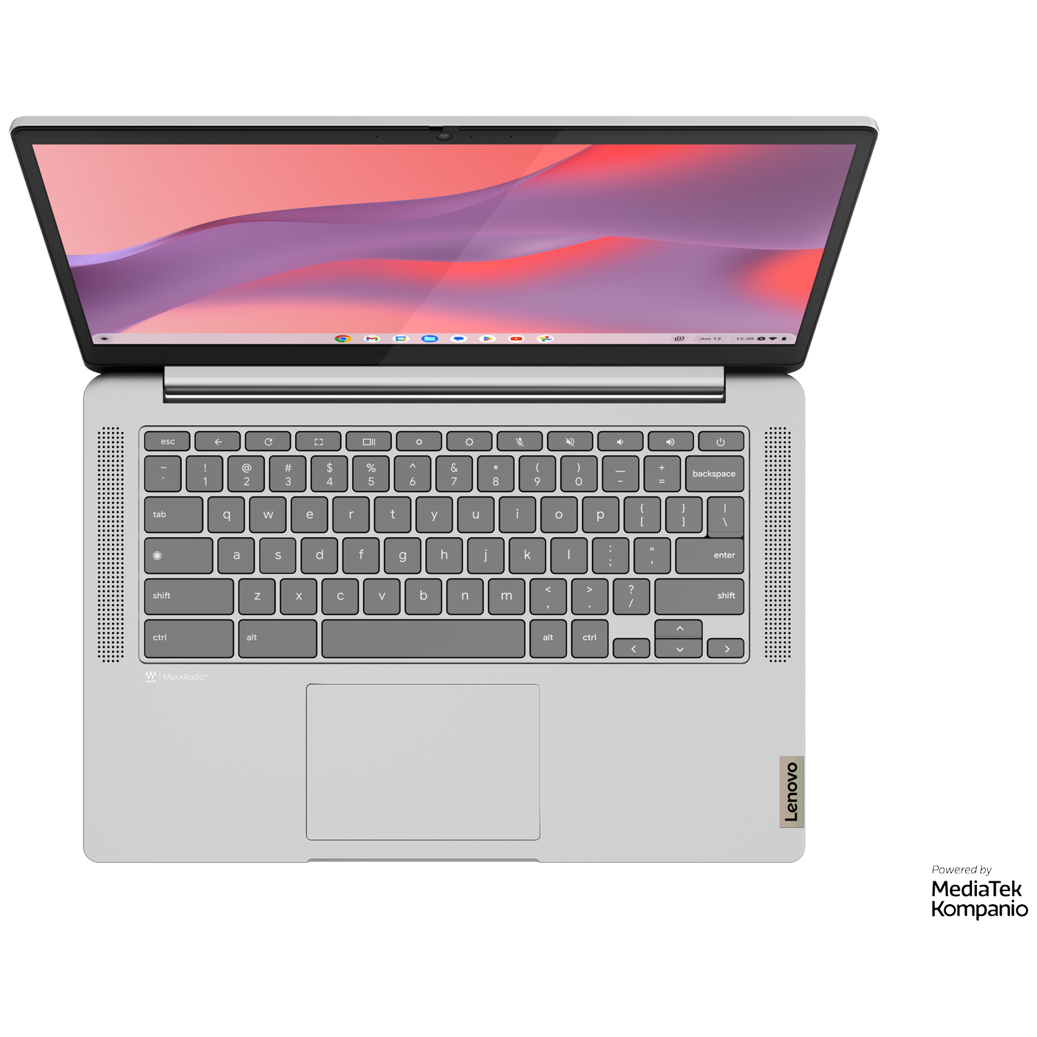 An open silver Lenovo laptop displays a colorful wallpaper on its screen.