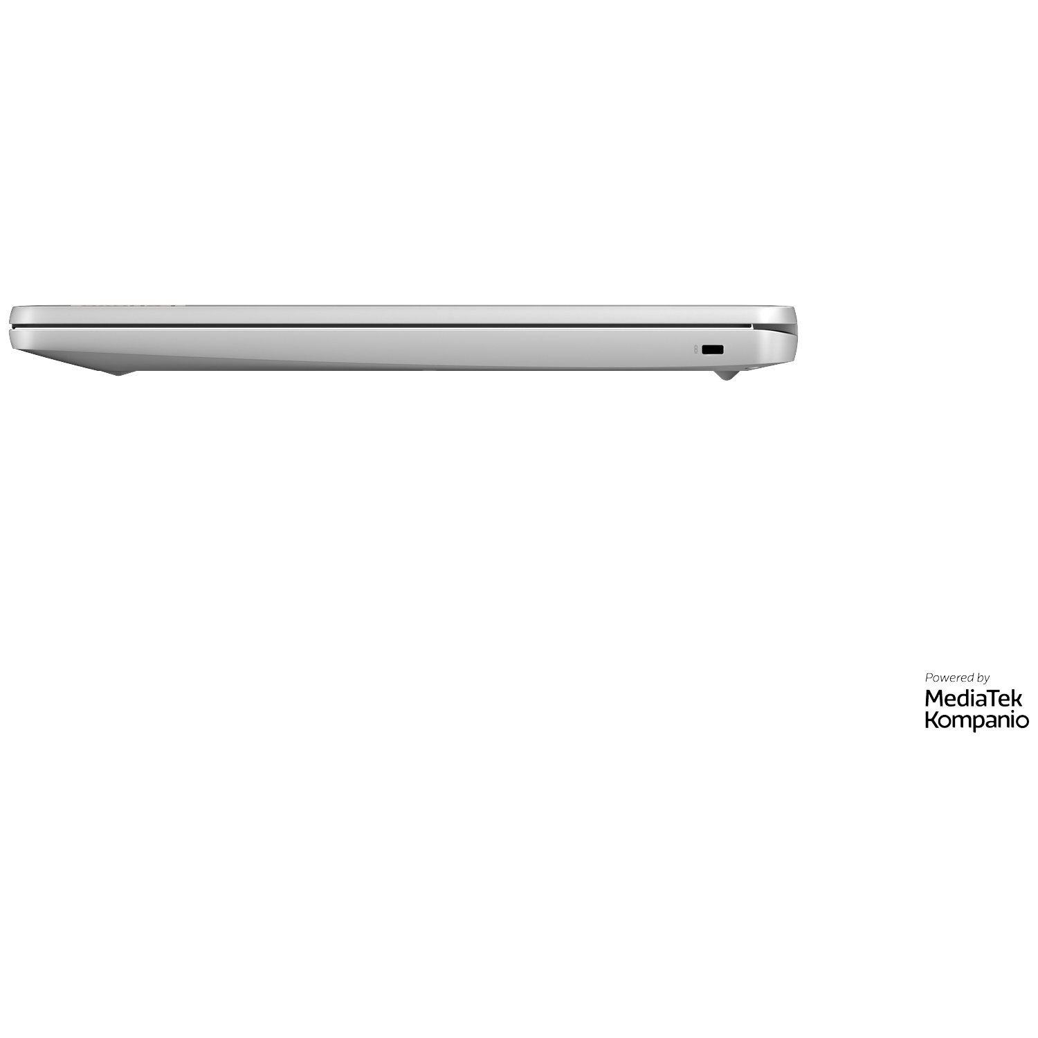 Closed silver laptop edge with a USB port. Logo in the lower right.