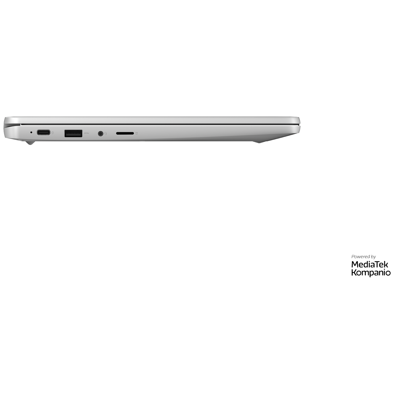 Side of a silver laptop showing ports: USB-C, USB-A, headphone, SD card.