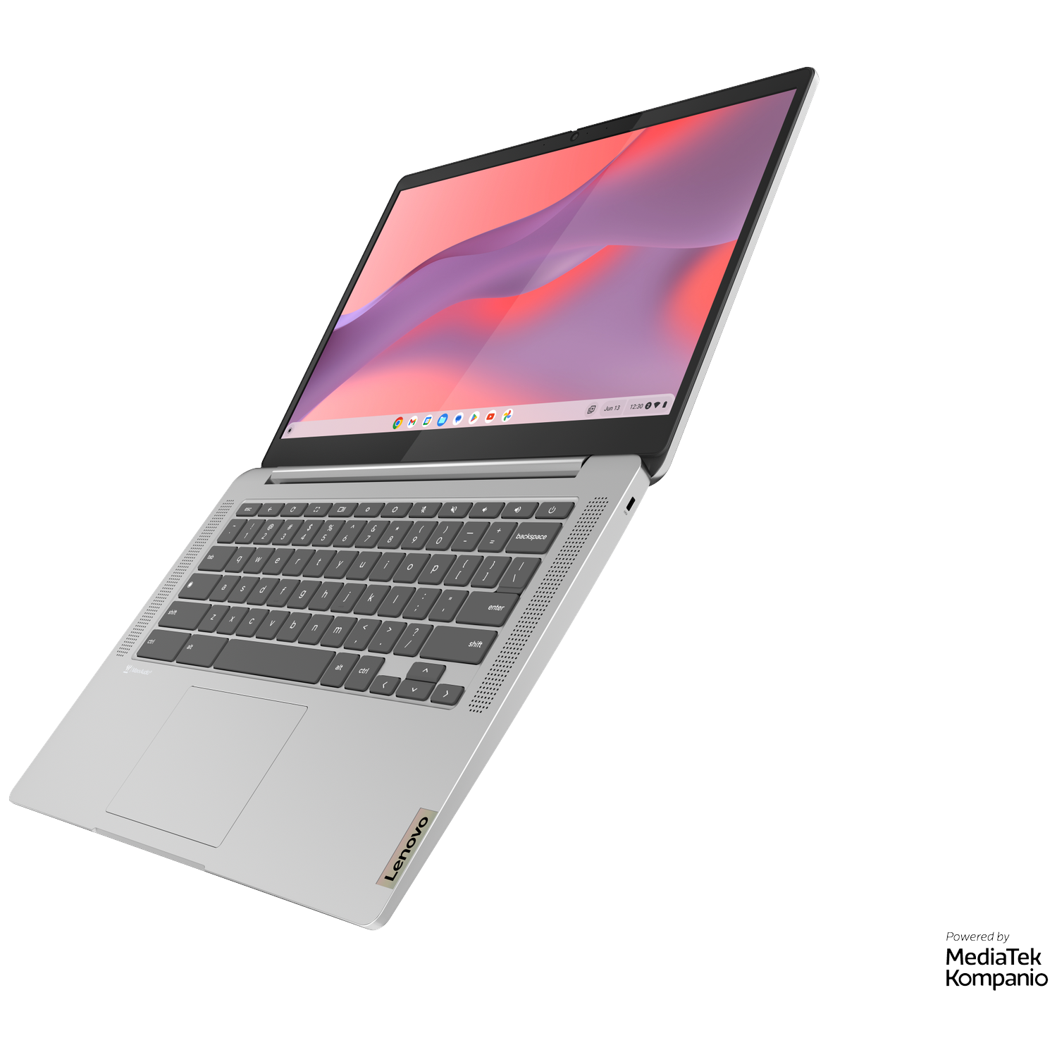 A silver Lenovo Chromebook with a colorful wallpaper on screen.