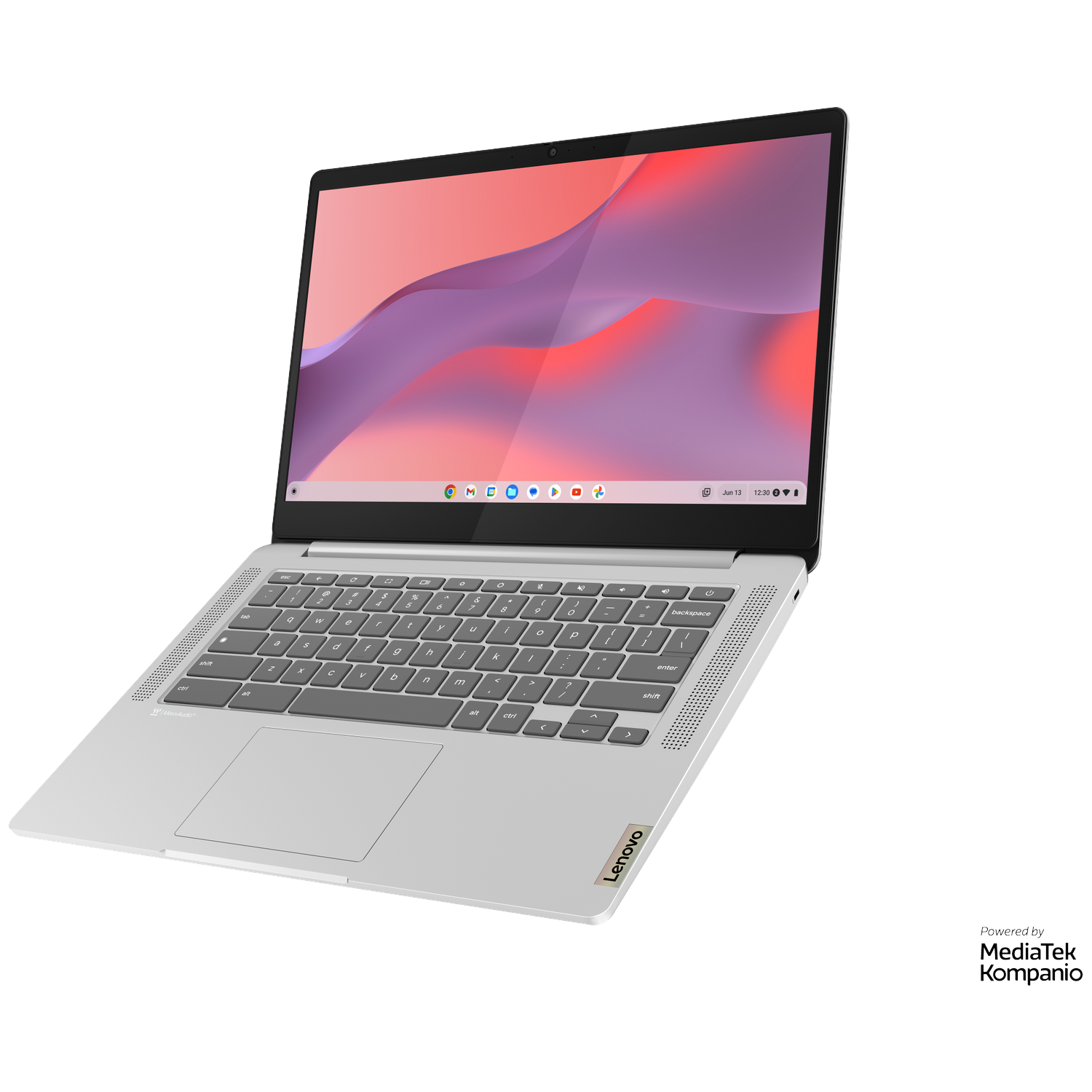 A silver Lenovo laptop with an abstract wallpaper on its screen.