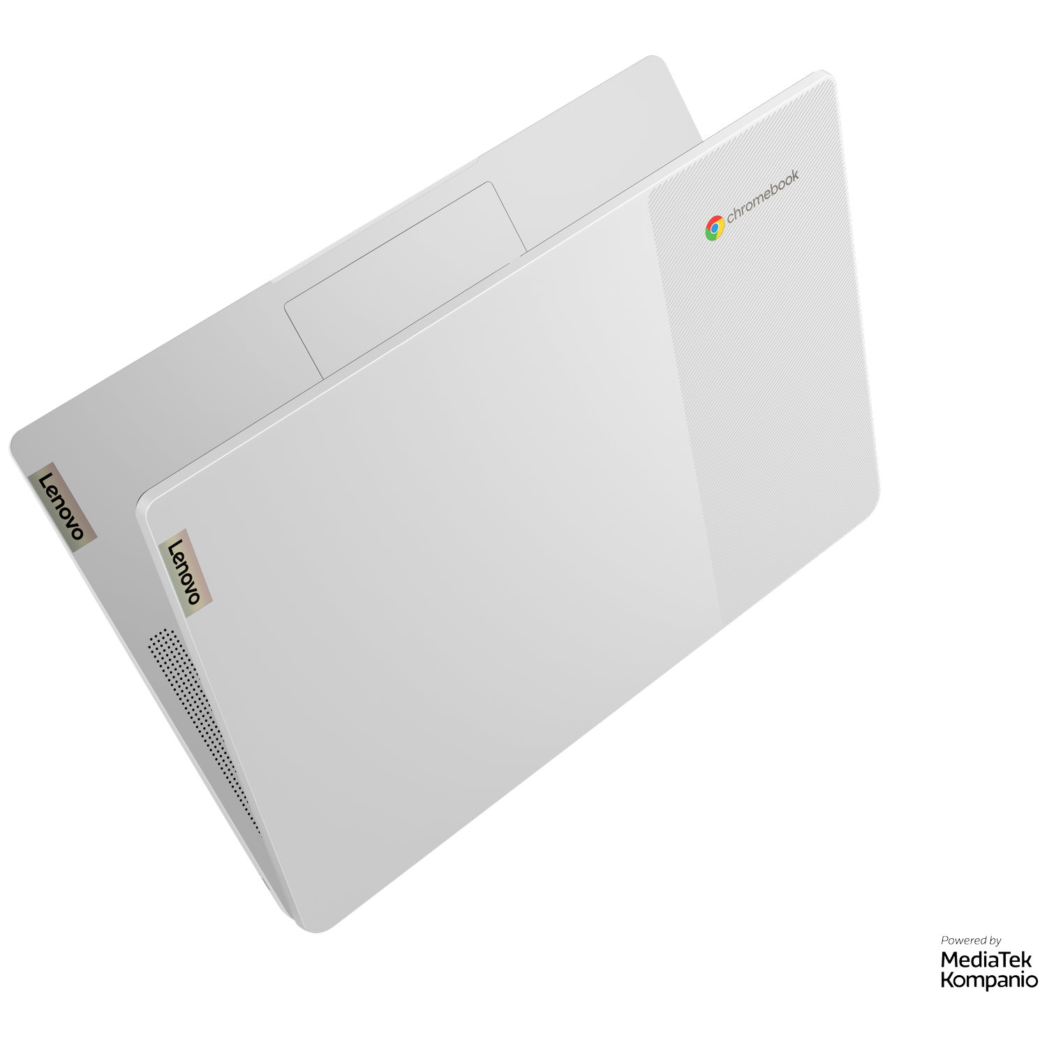 A white Lenovo Chromebook laptop resting on a black background.