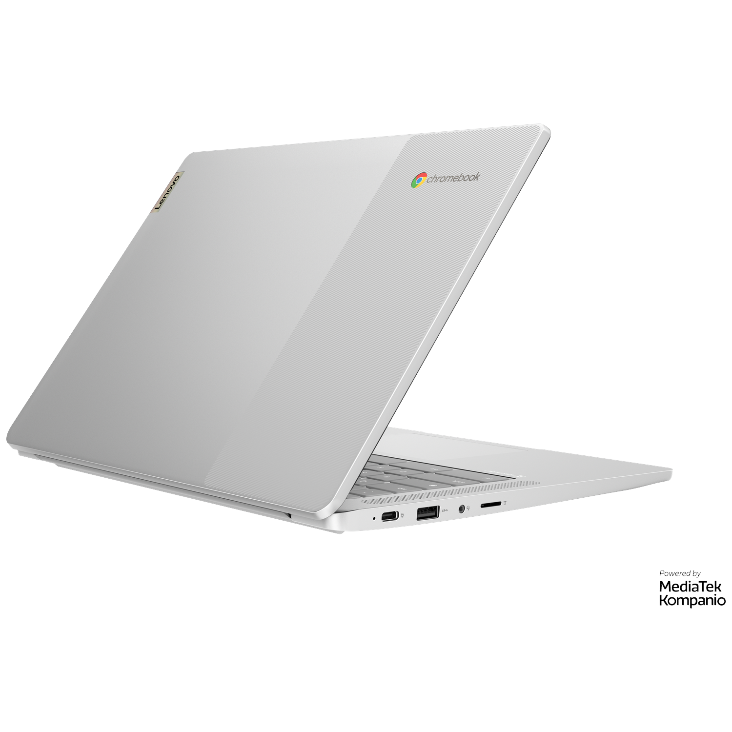 Silver Lenovo Chromebook with "Chromebook" logo and ports.