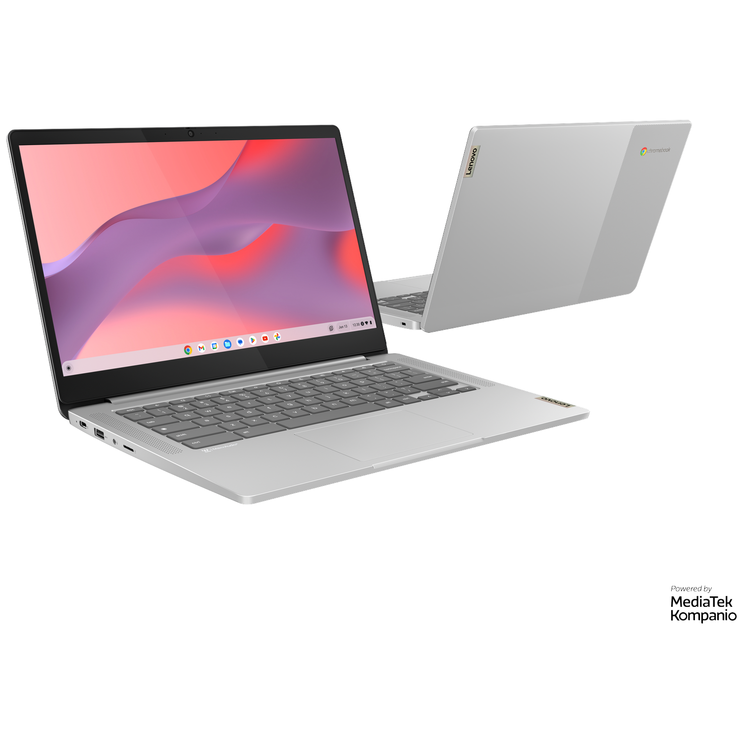 A silver Lenovo Chromebook laptop is open, showing the keyboard and screen.