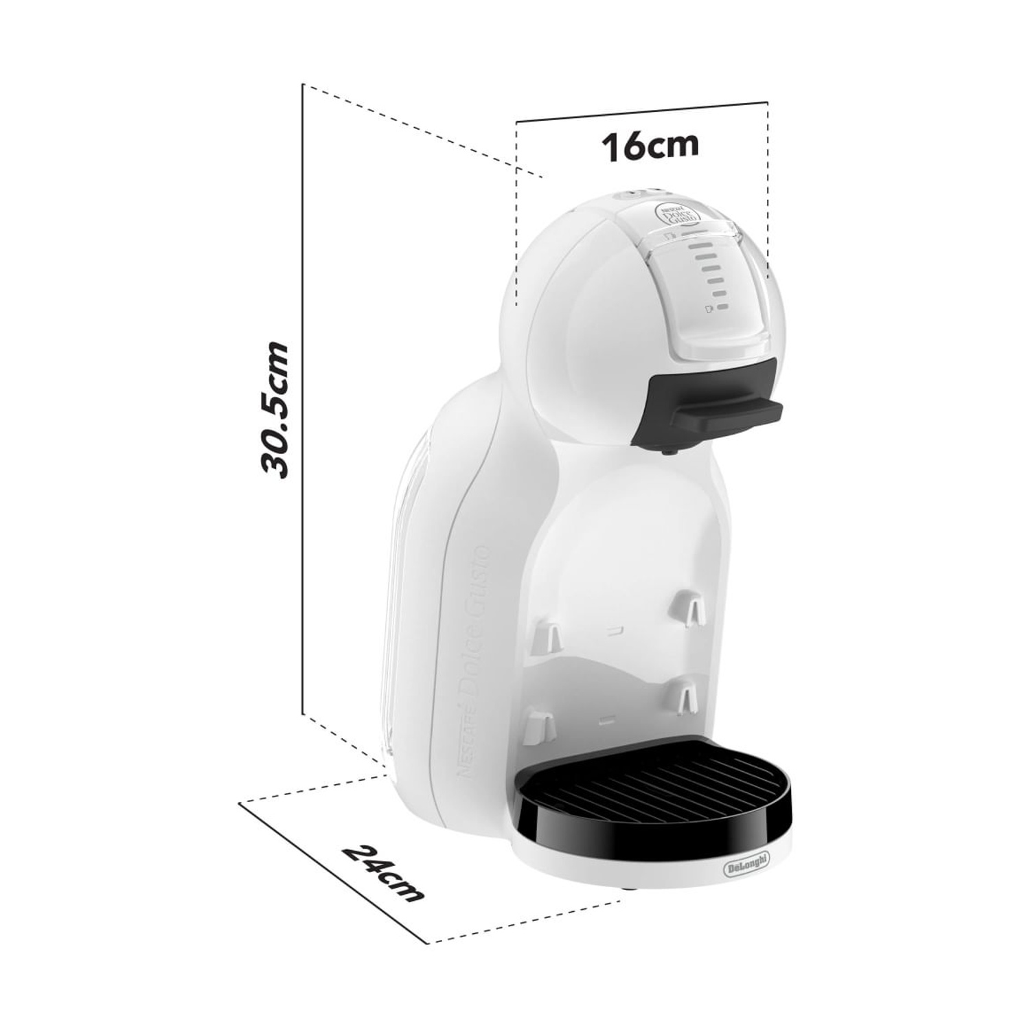 Macchina da caffè bianca con dimensioni: altezza 30,5 cm, larghezza 16 cm, profondità 24 cm.