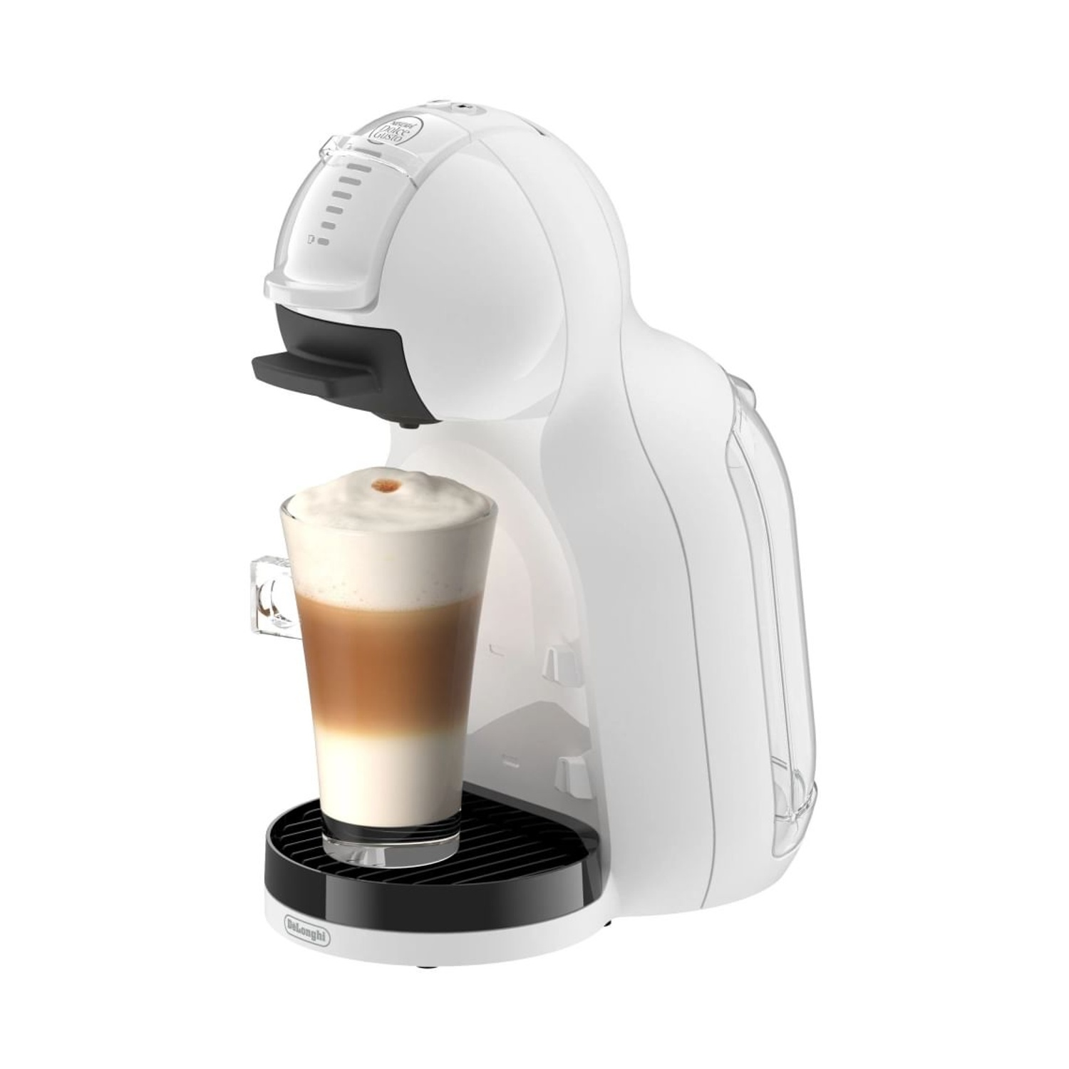 Macchina da caffè bianca con bicchiere di latte macchiato su vassoio.