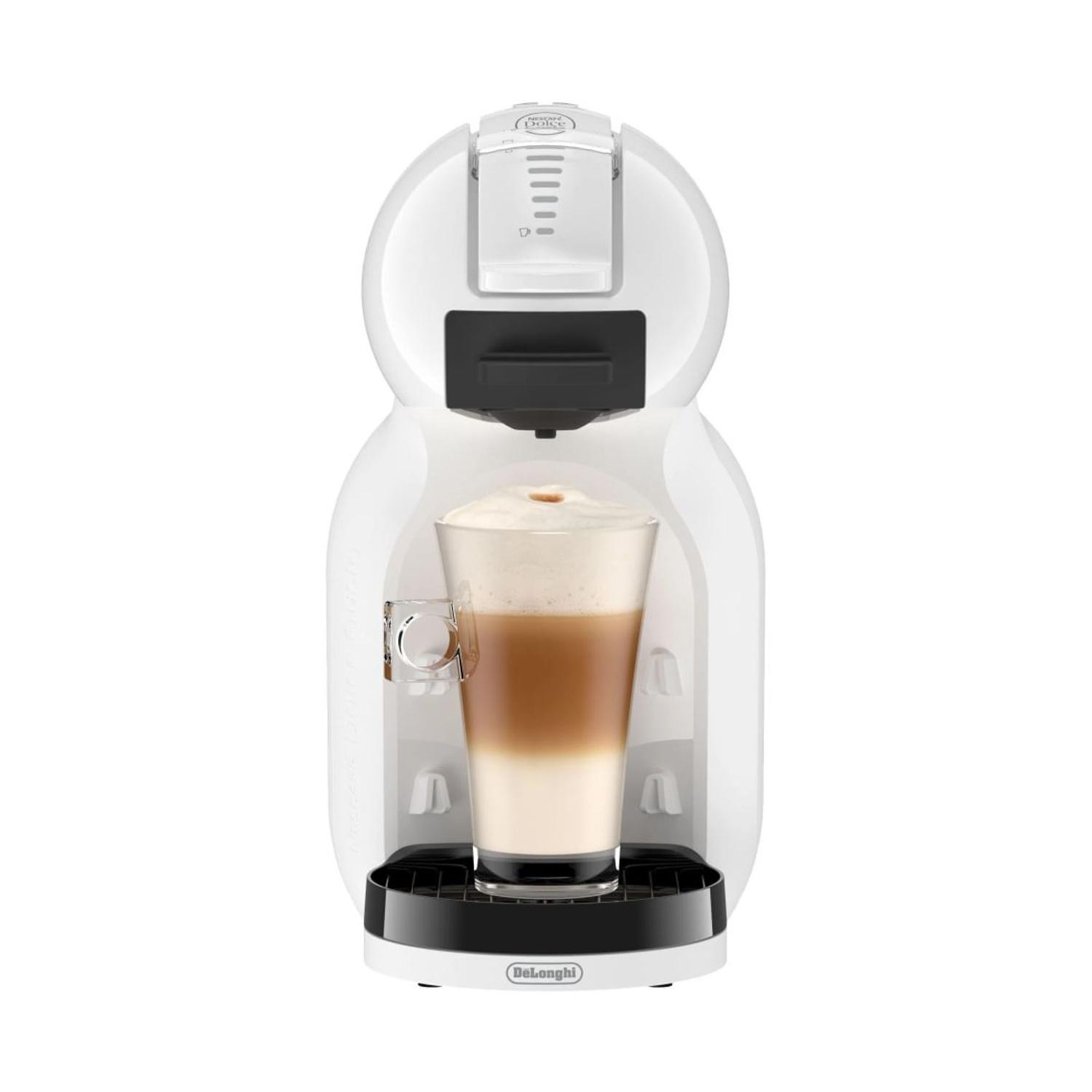 Macchina da caffè bianca con bicchiere di latte macchiato.