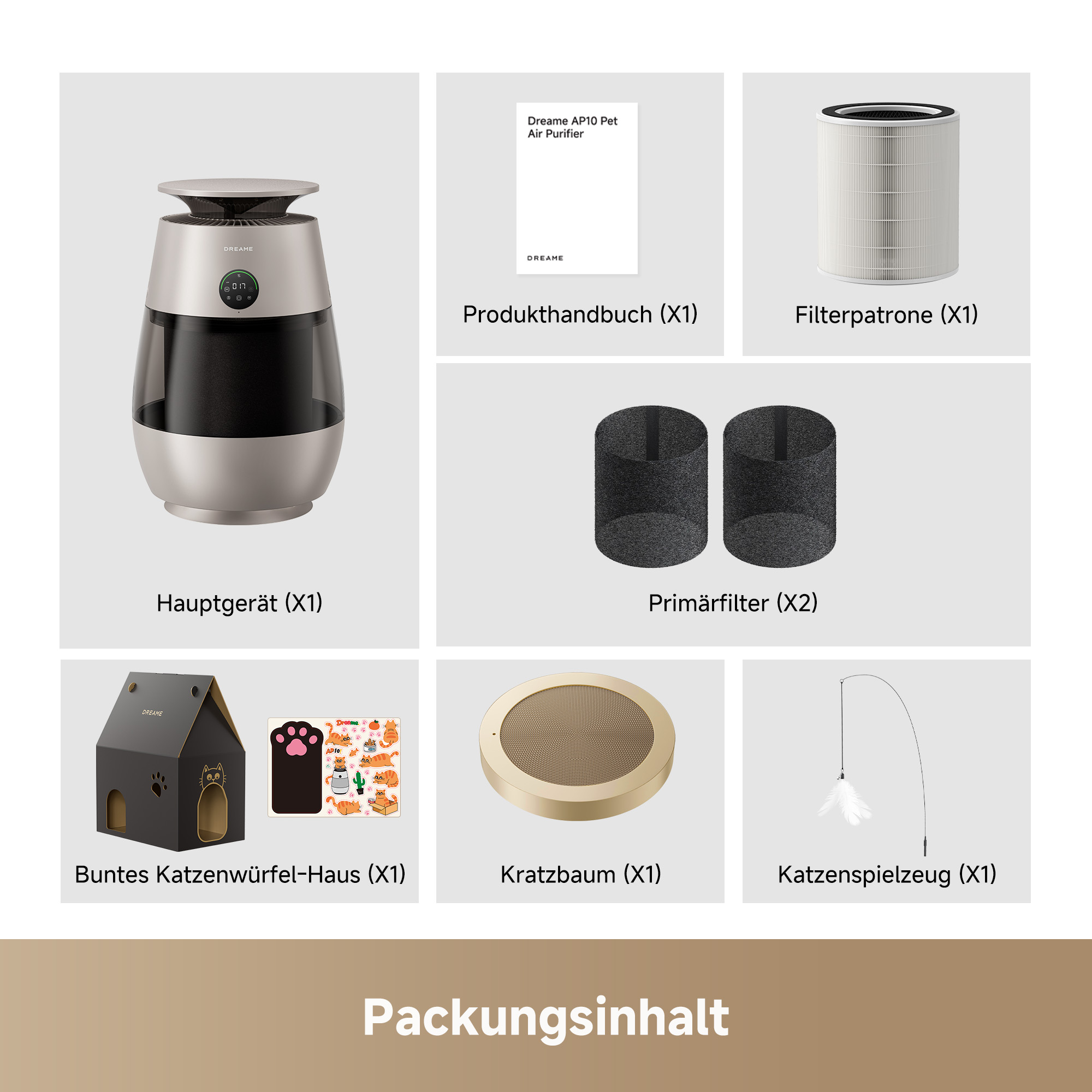 Das Bild zeigt den Inhalt einer Packung mit einem Luftreiniger, Filtern, Handbuch, Katzenhaus, Kratzbaum und Spielzeug.