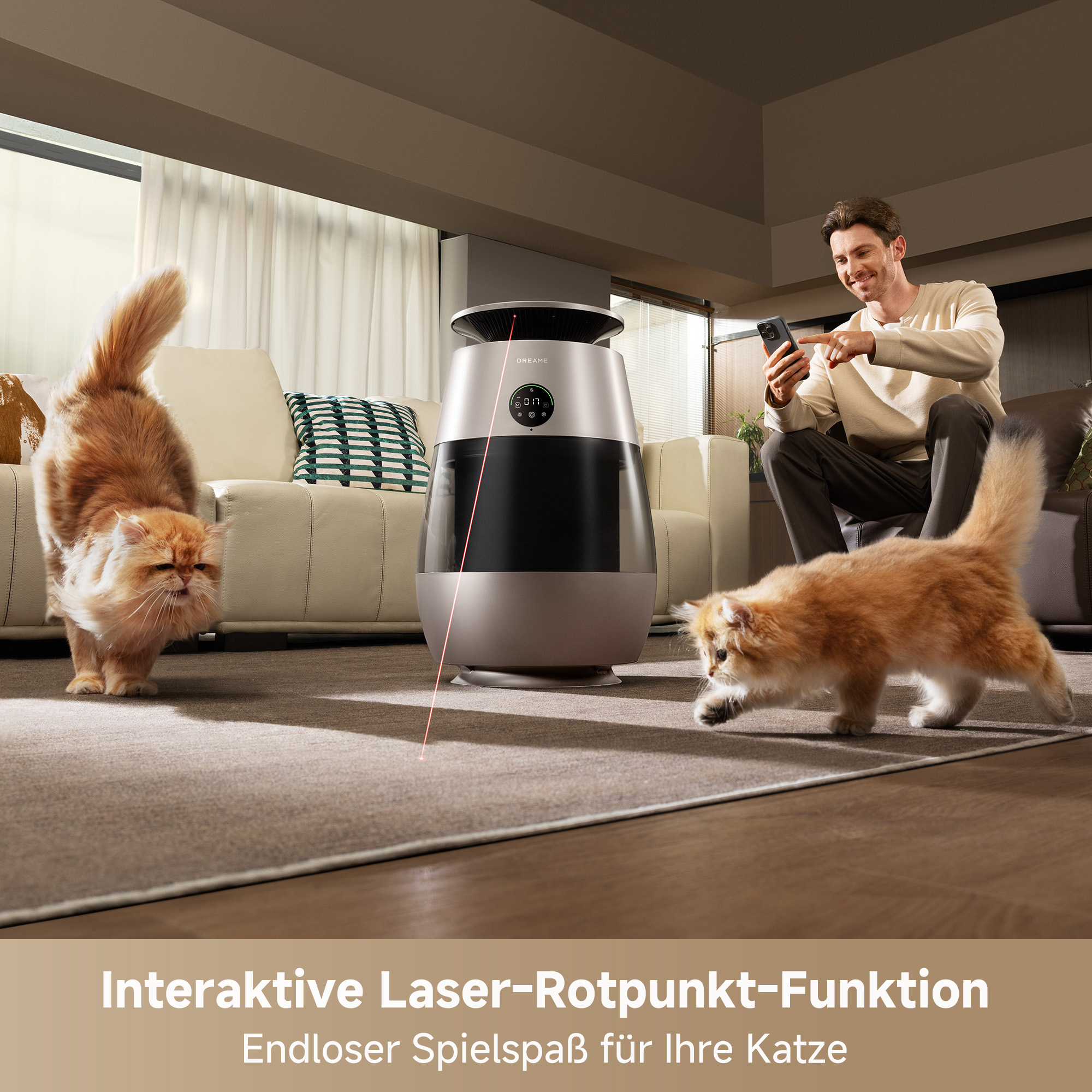 Mann auf Sofa spielt mit Handy, zwei Katzen jagen roten Laserpunkt von Gerät.