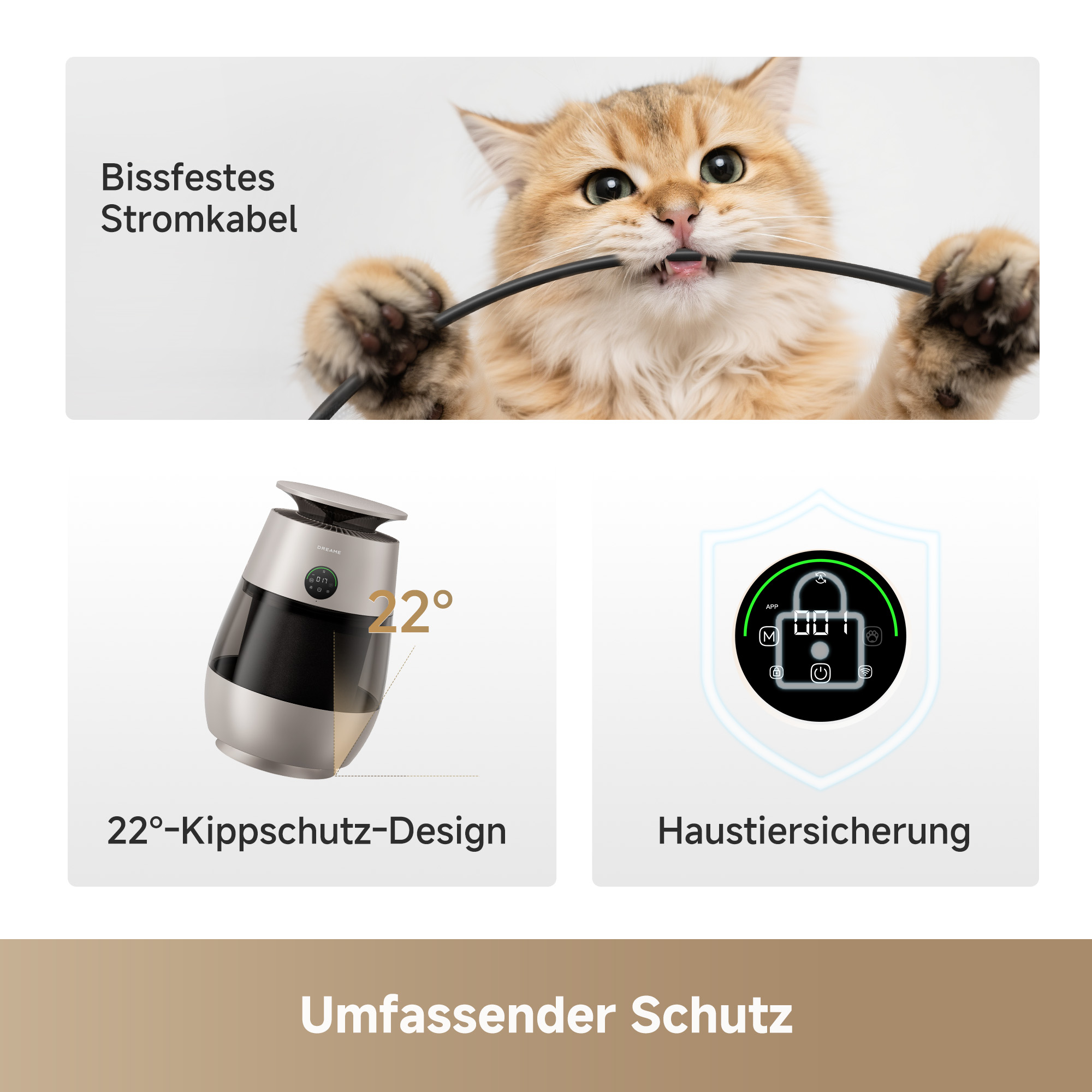 Ein Kätzchen beißt in ein schwarzes Kabel; ein Luftreiniger; ein Symbol für Kindersicherung.