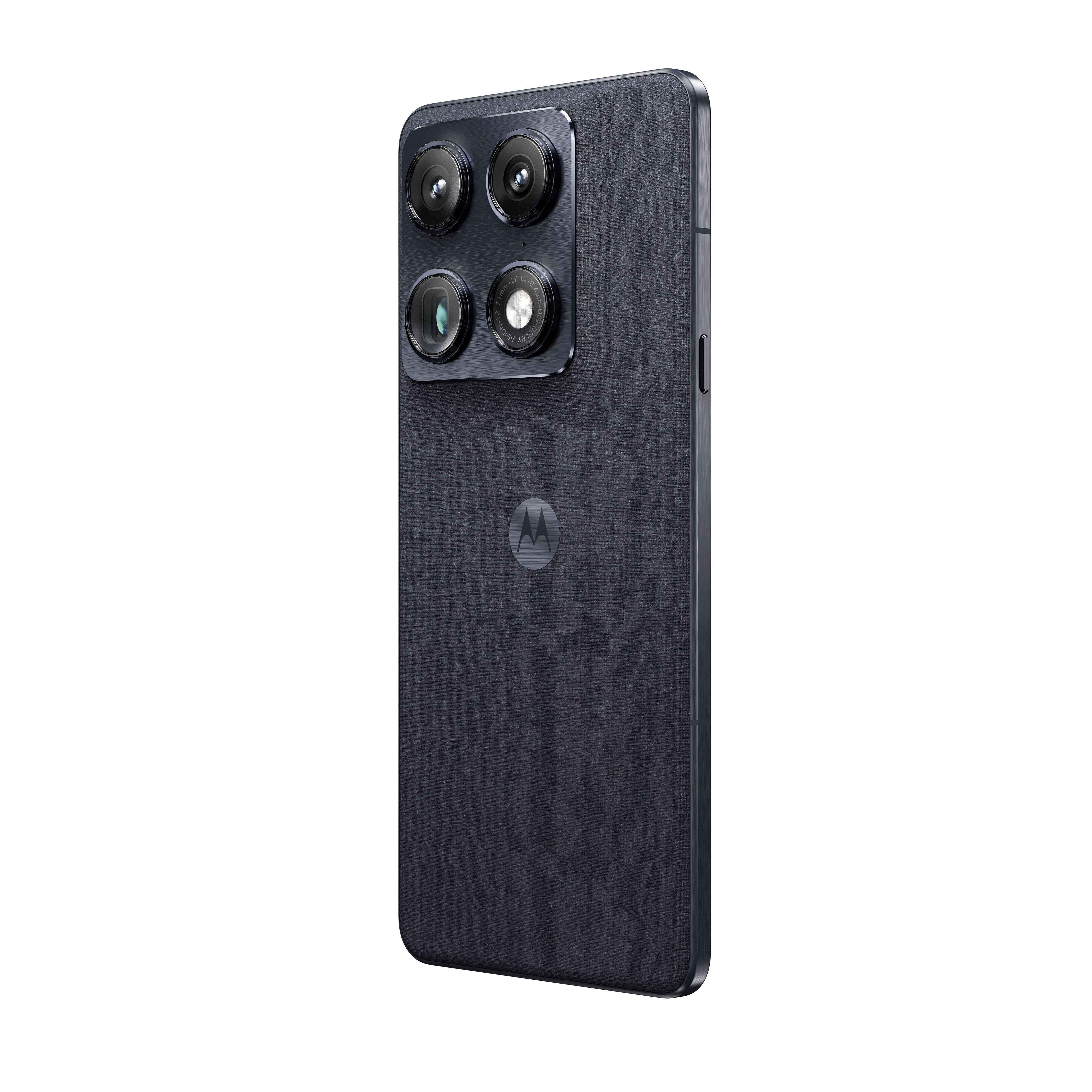 Dunkelgraues Smartphone mit vier Kameras und dem Motorola-Logo.