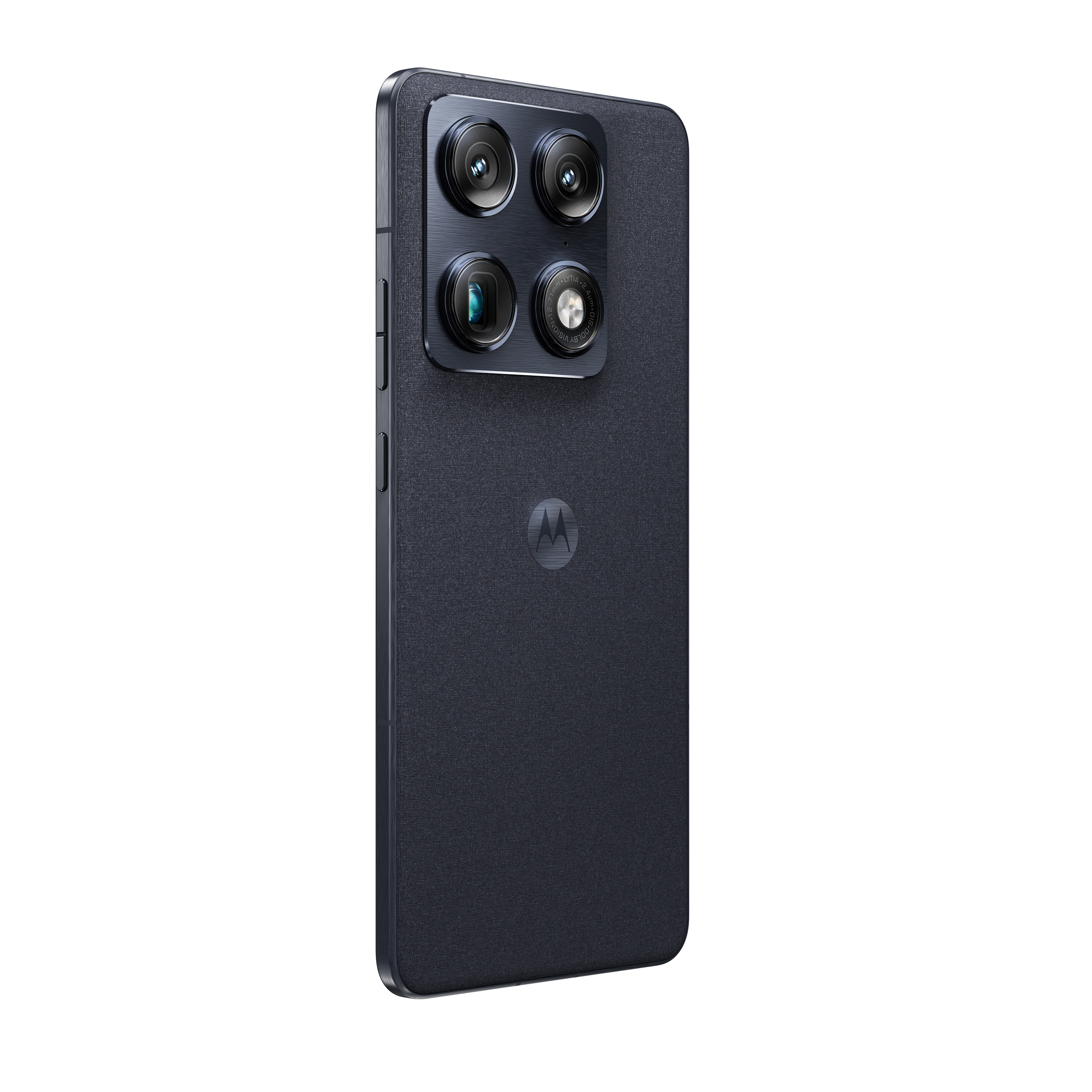 Dunkelgraues Smartphone mit vier Kameras auf der Rückseite und einem Logo.