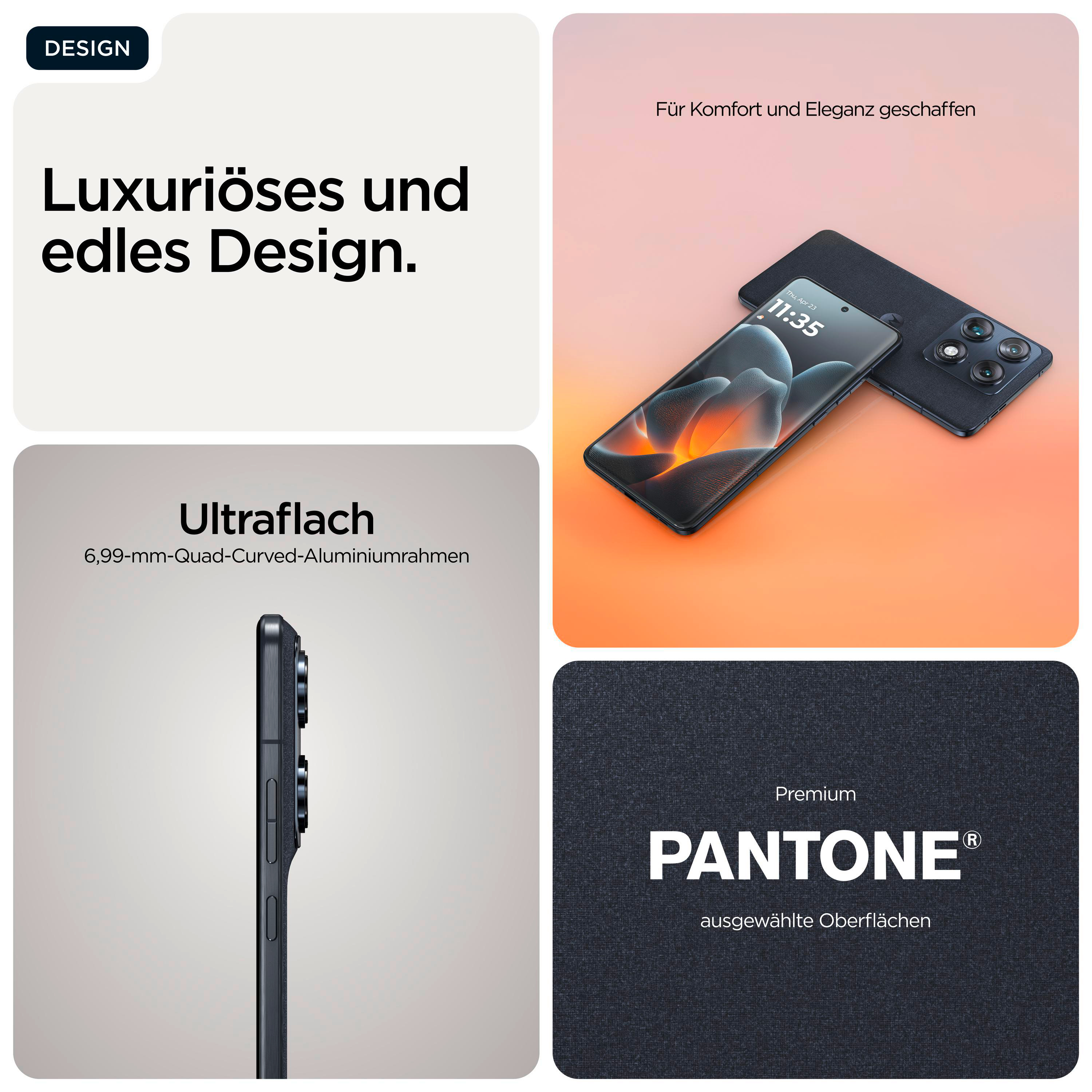 Luxuriöses Design: Ein schlankes Smartphone mit Kamera und PANTONE-Logo.