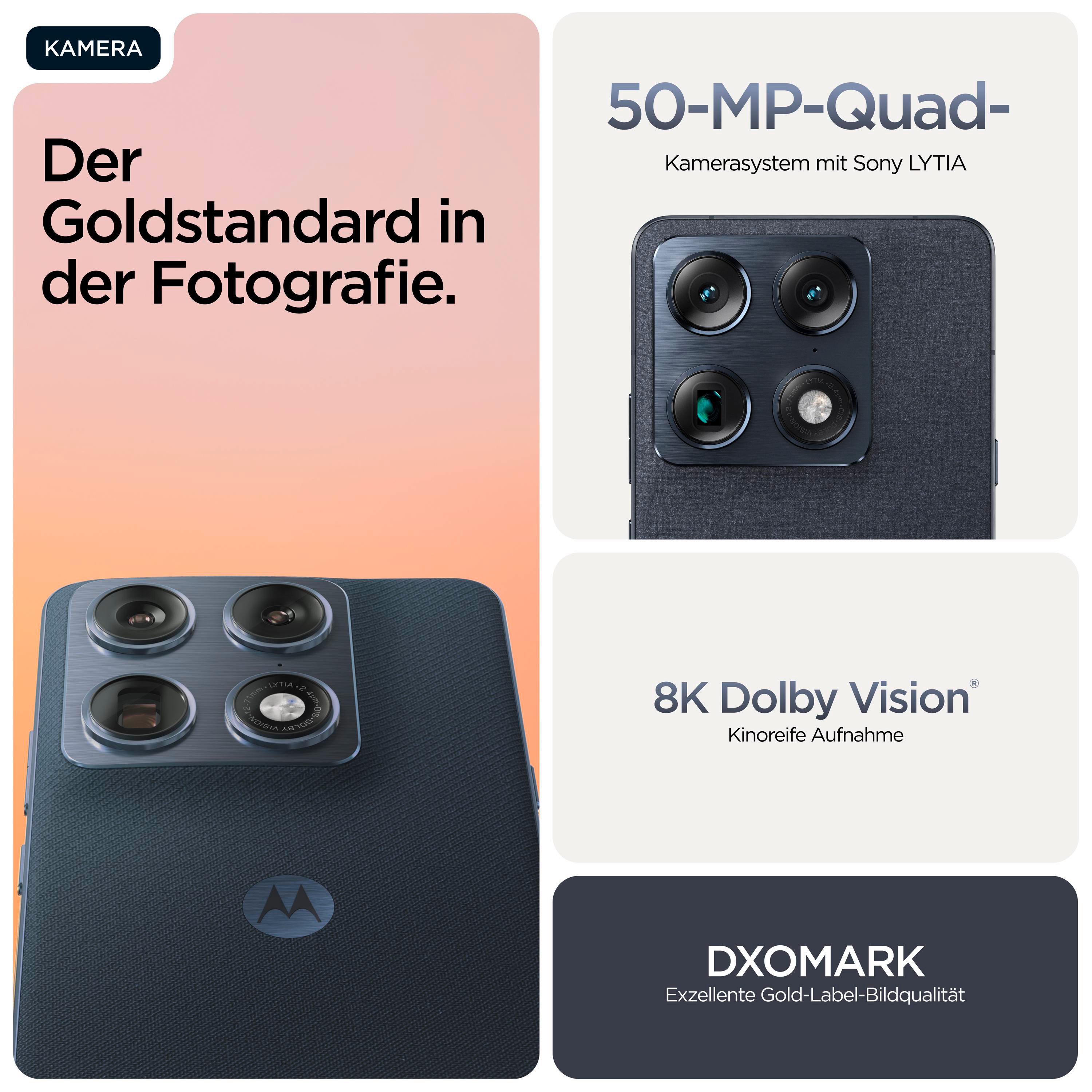 Dunkelblaues Handy mit vier Kameras und Text über Fotografie.