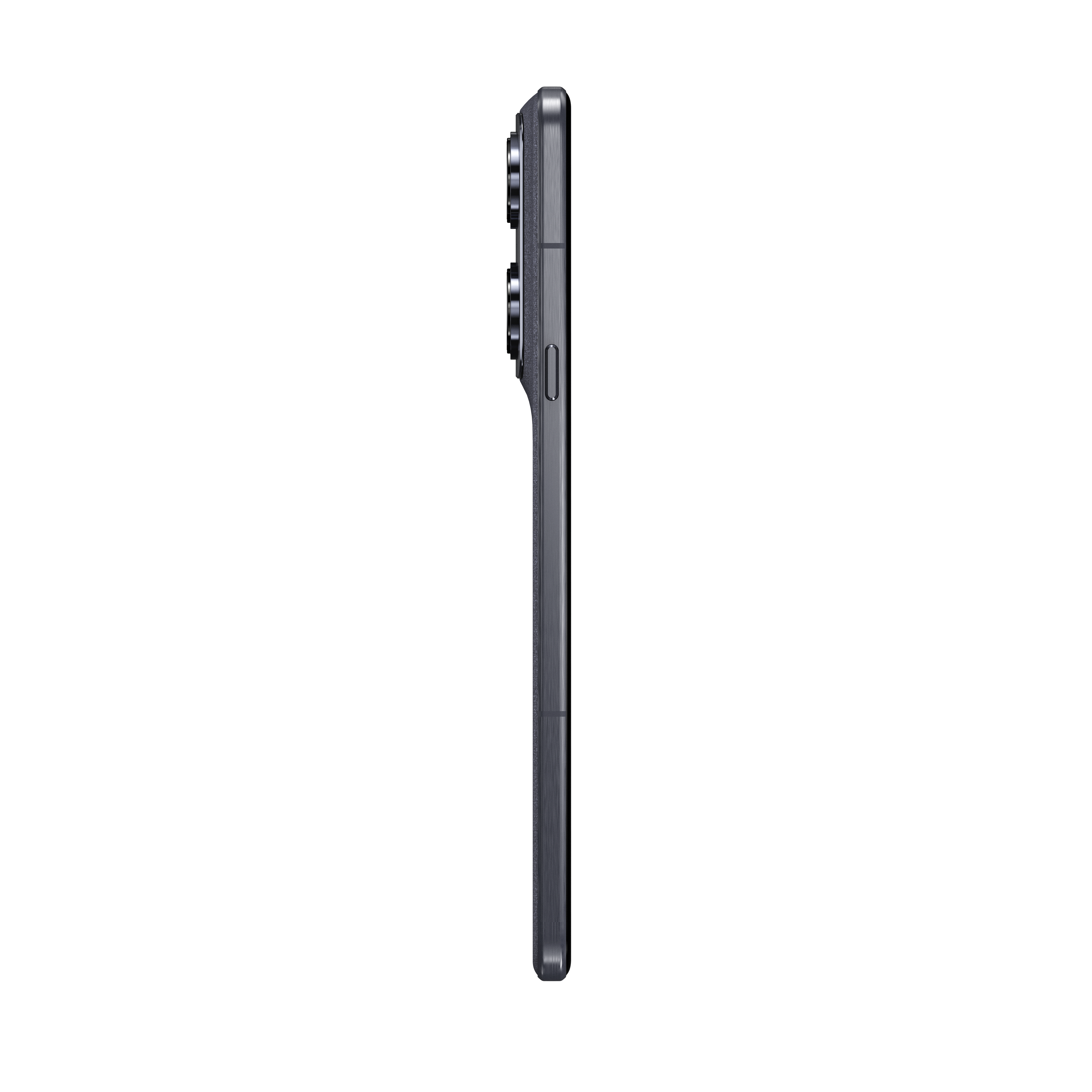 Dunkelgraues Smartphone von der Seite mit sichtbaren Kameras und Tasten.