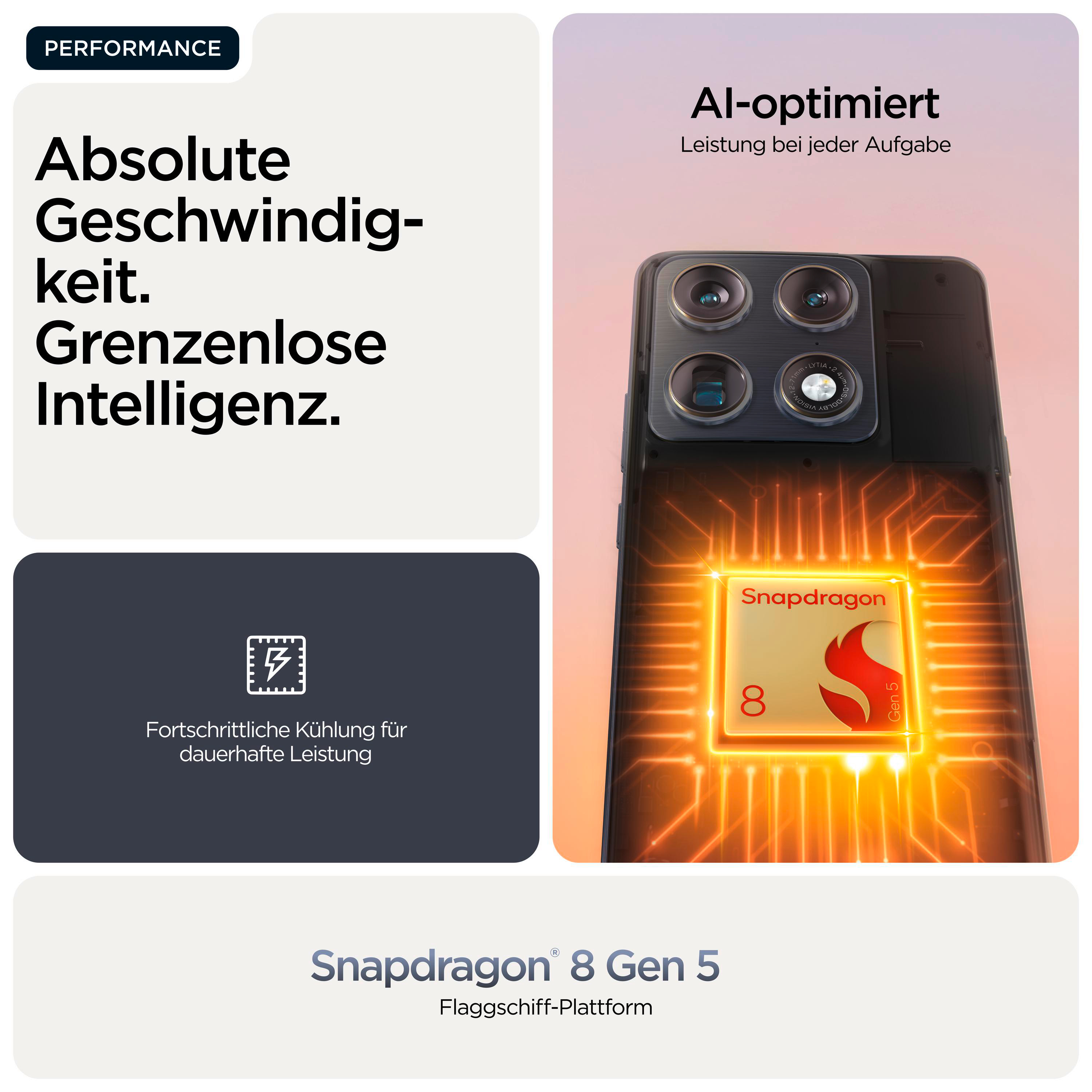 Smartphone mit Snapdragon 8 Gen 5 Chip, "Performance" & "AI-optimiert".