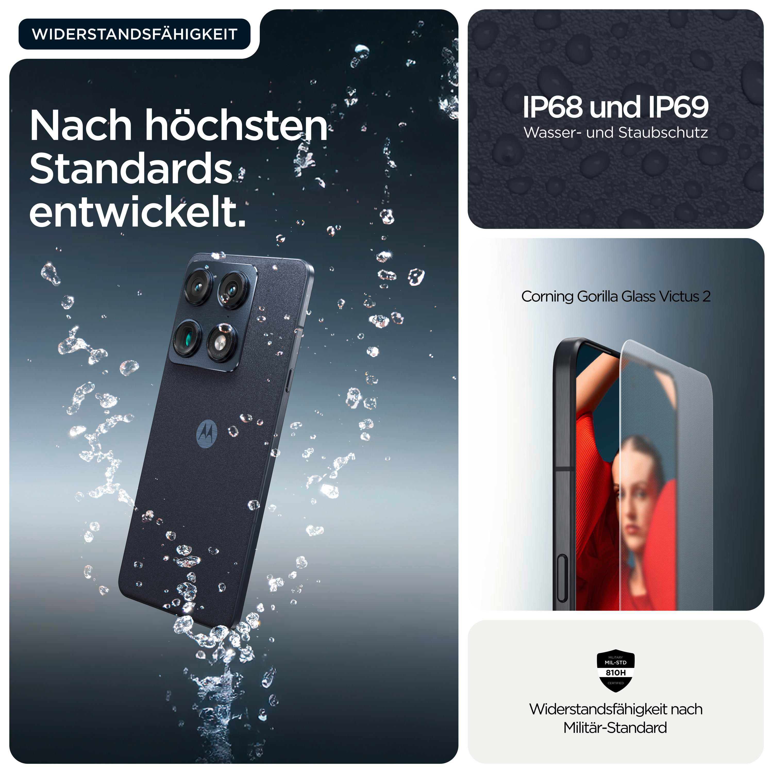 Ein dunkles Smartphone mit Wassertropfen, umgeben von Wasser. IP68/IP69.