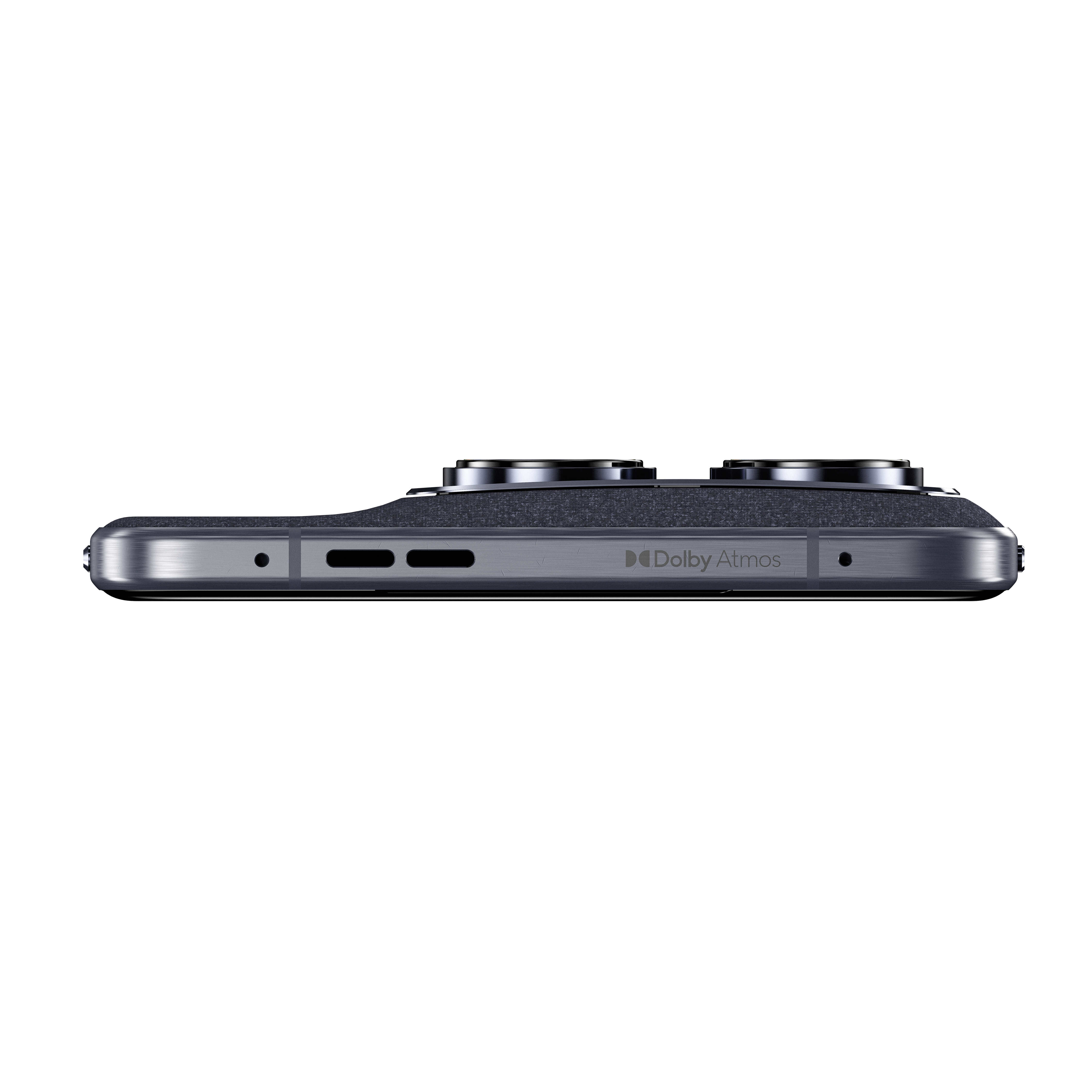 Ein Smartphone-Seitenprofil mit Dolby Atmos-Logo und zwei Kameras.