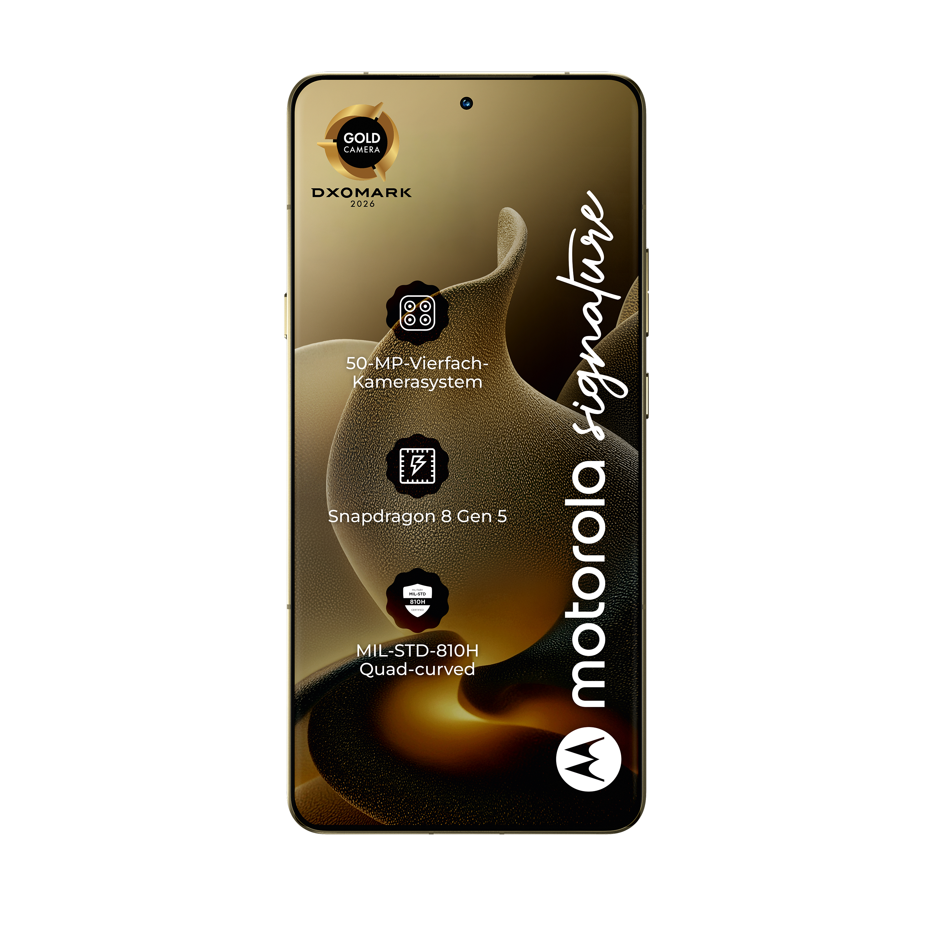 Motorola Smartphone mit Gold-Kamera-Siegel von DXOMARK 2026.