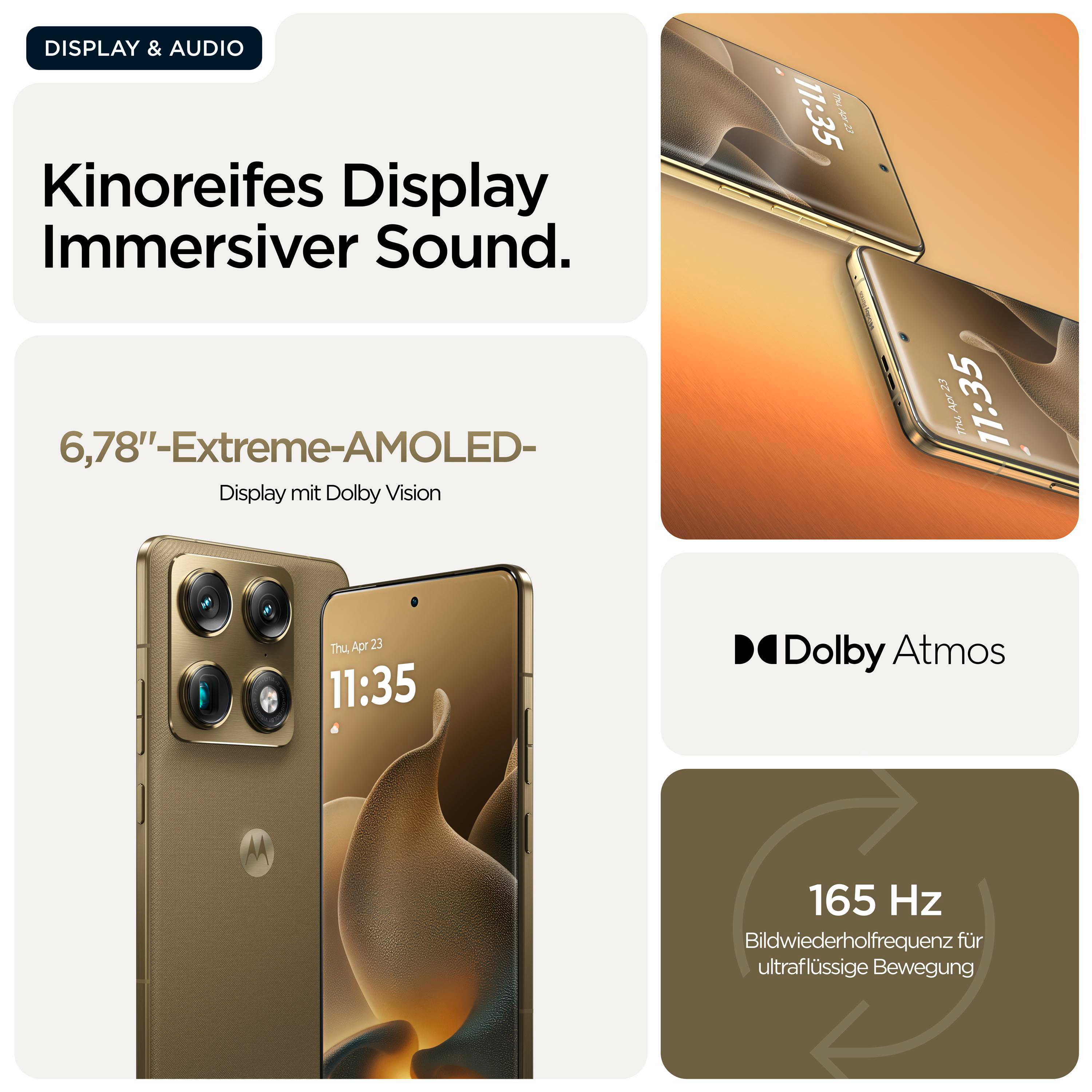 Goldenes Smartphone mit vier Kameras, Dolby Atmos und 165 Hz.