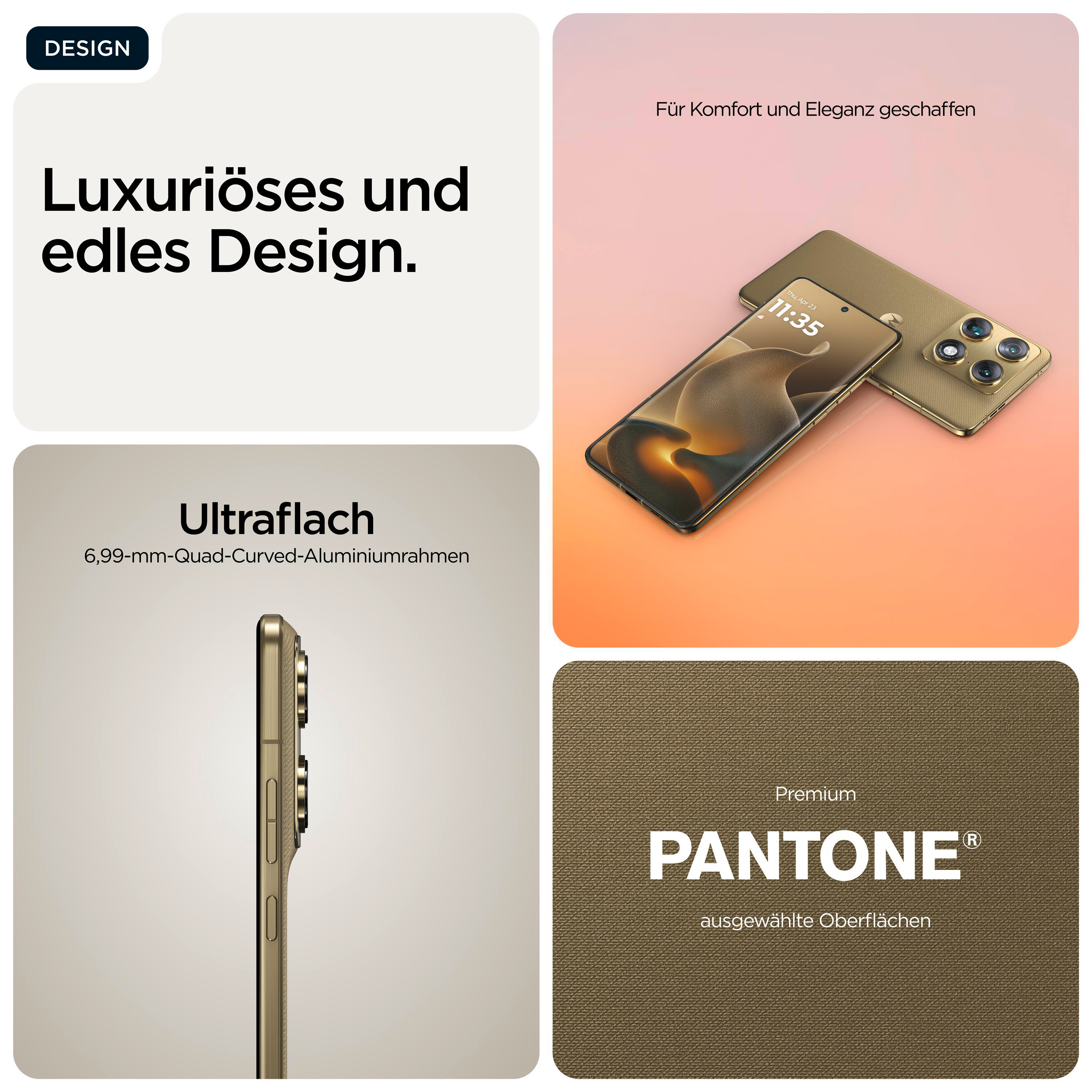 Goldene Smartphones mit luxuriösem Design, ultraflach, mit Quad-Kamera und PANTONE-Oberfläche.