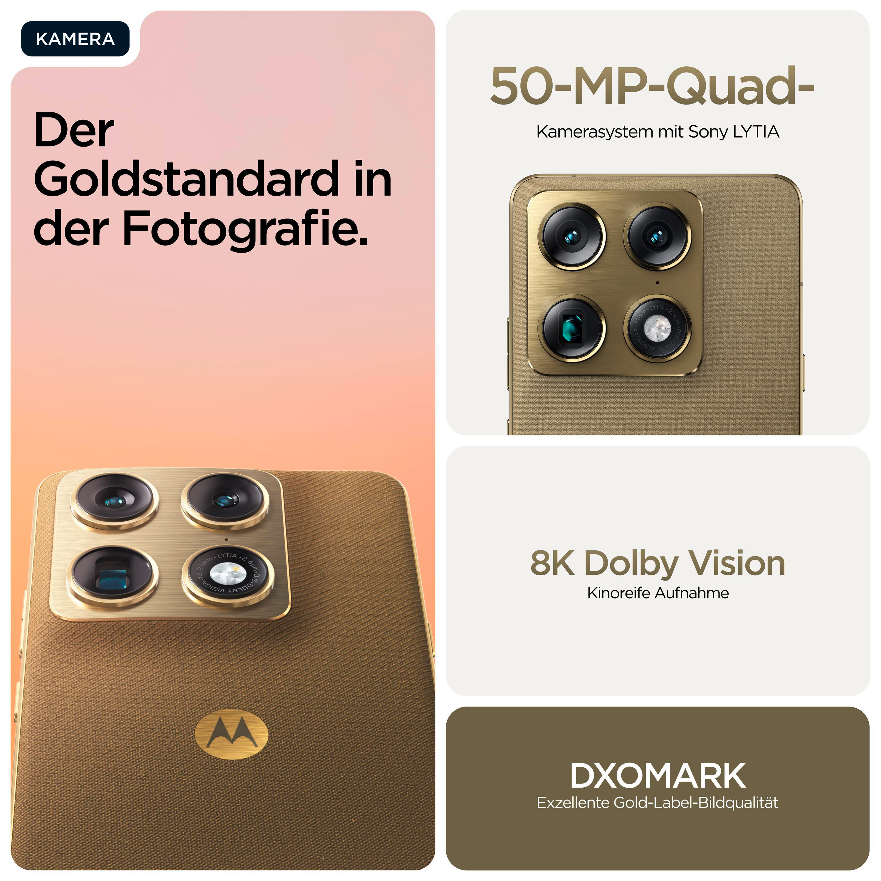 Goldene Kamera-Telefon-Rückseite mit vier Linsen und Text.