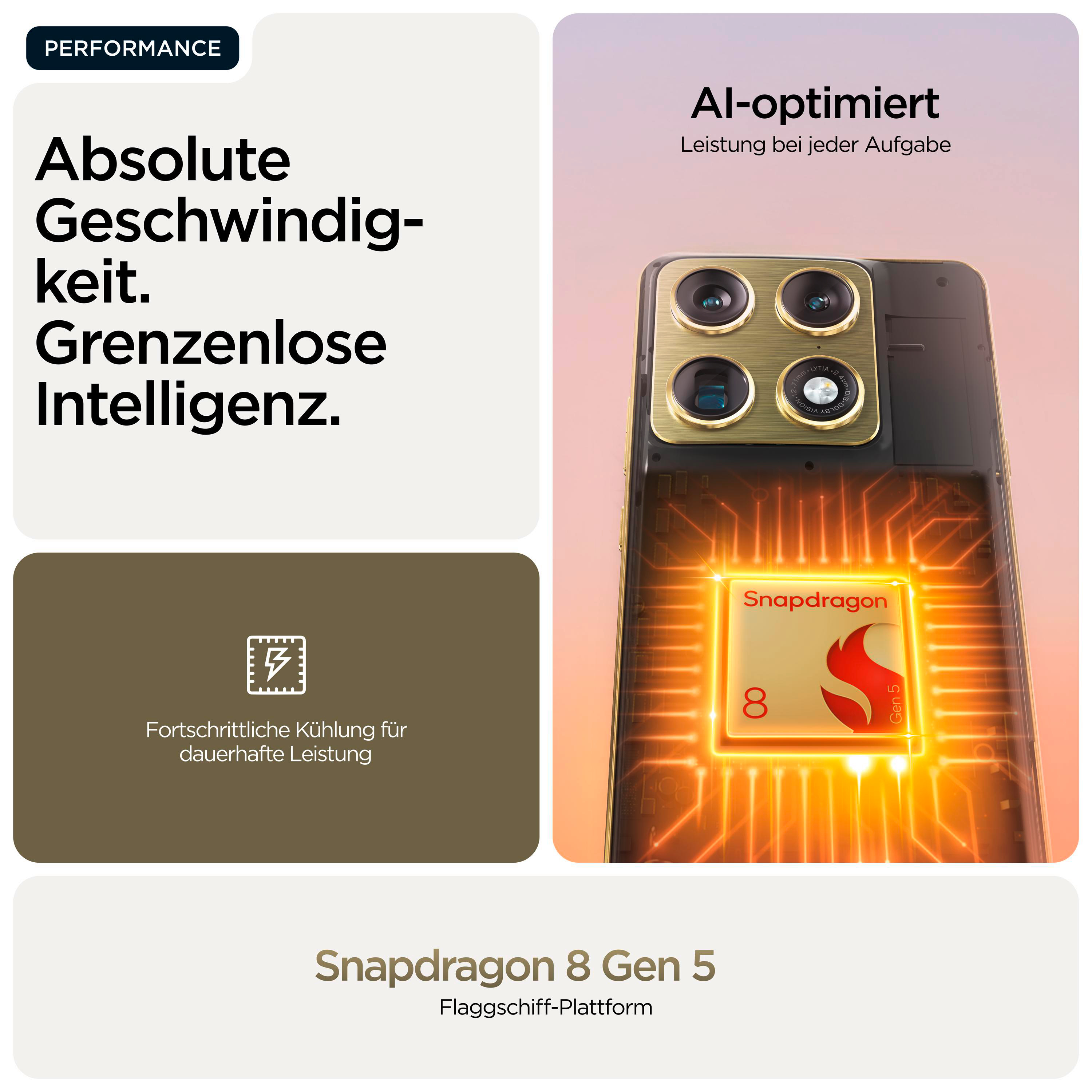 Smartphone mit Snapdragon 8 Gen 5 Chip, "Performance" und Kühlung.