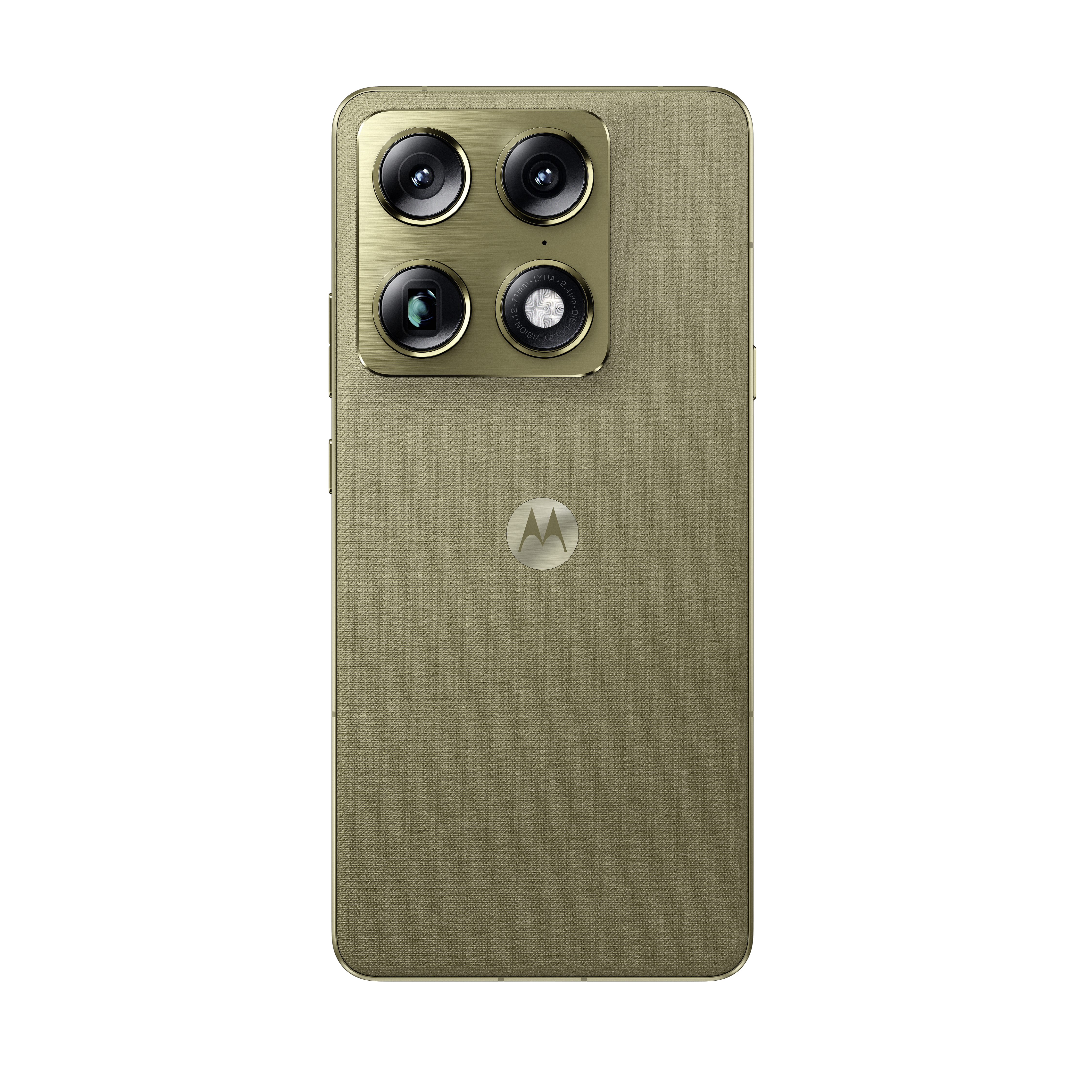 Rückseite eines goldfarbenen Smartphones mit vier Kameras und Motorola-Logo.