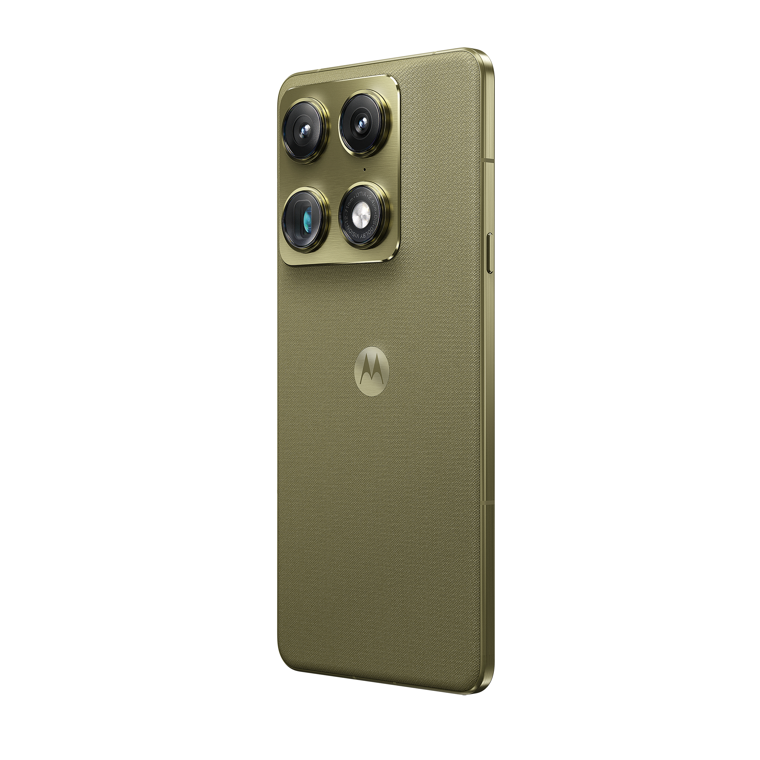 Rückseite eines goldenen Smartphones mit vier Kameras und einem Motorola-Logo.