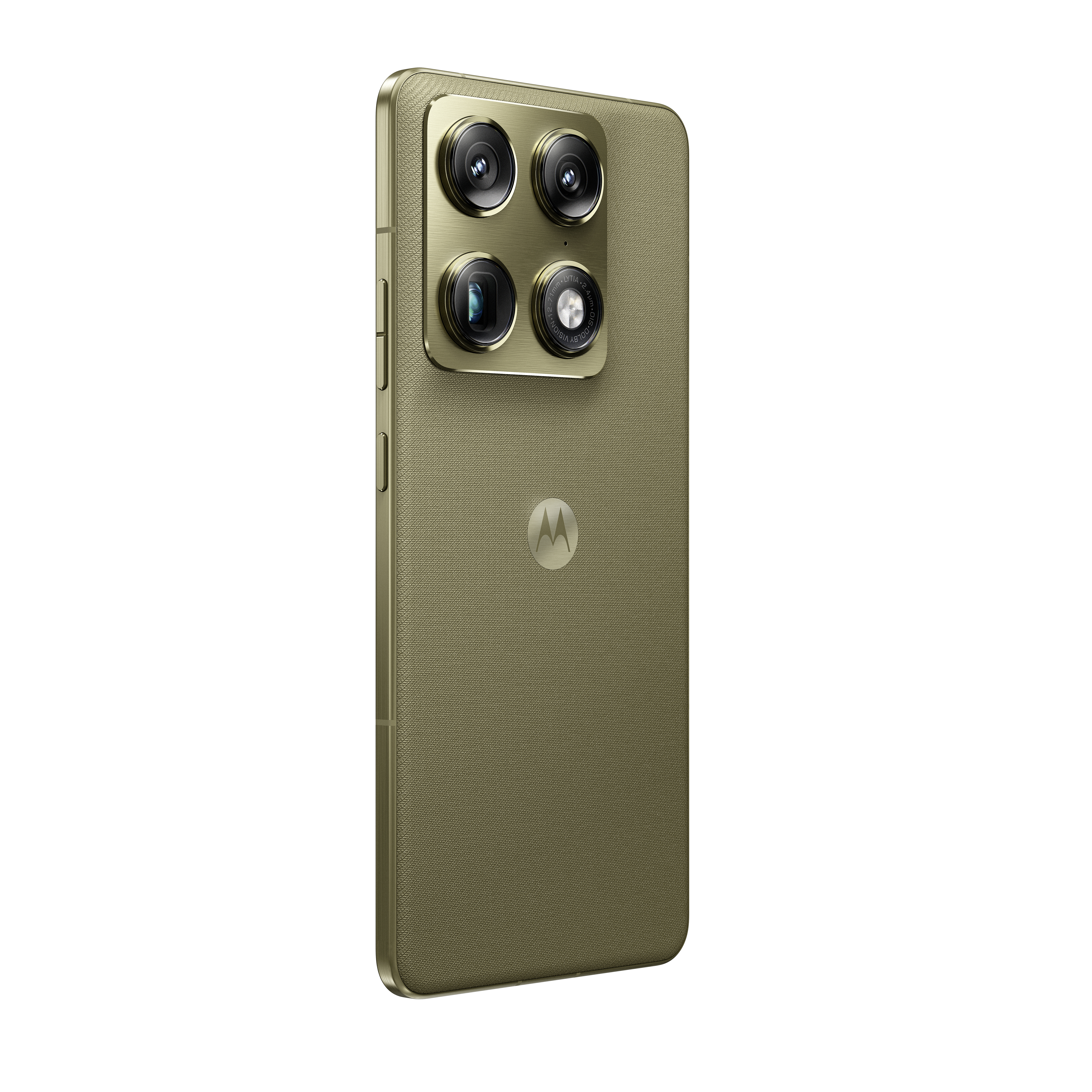 Goldfarbenes Motorola-Smartphone mit vier Kameras und M-Logo.