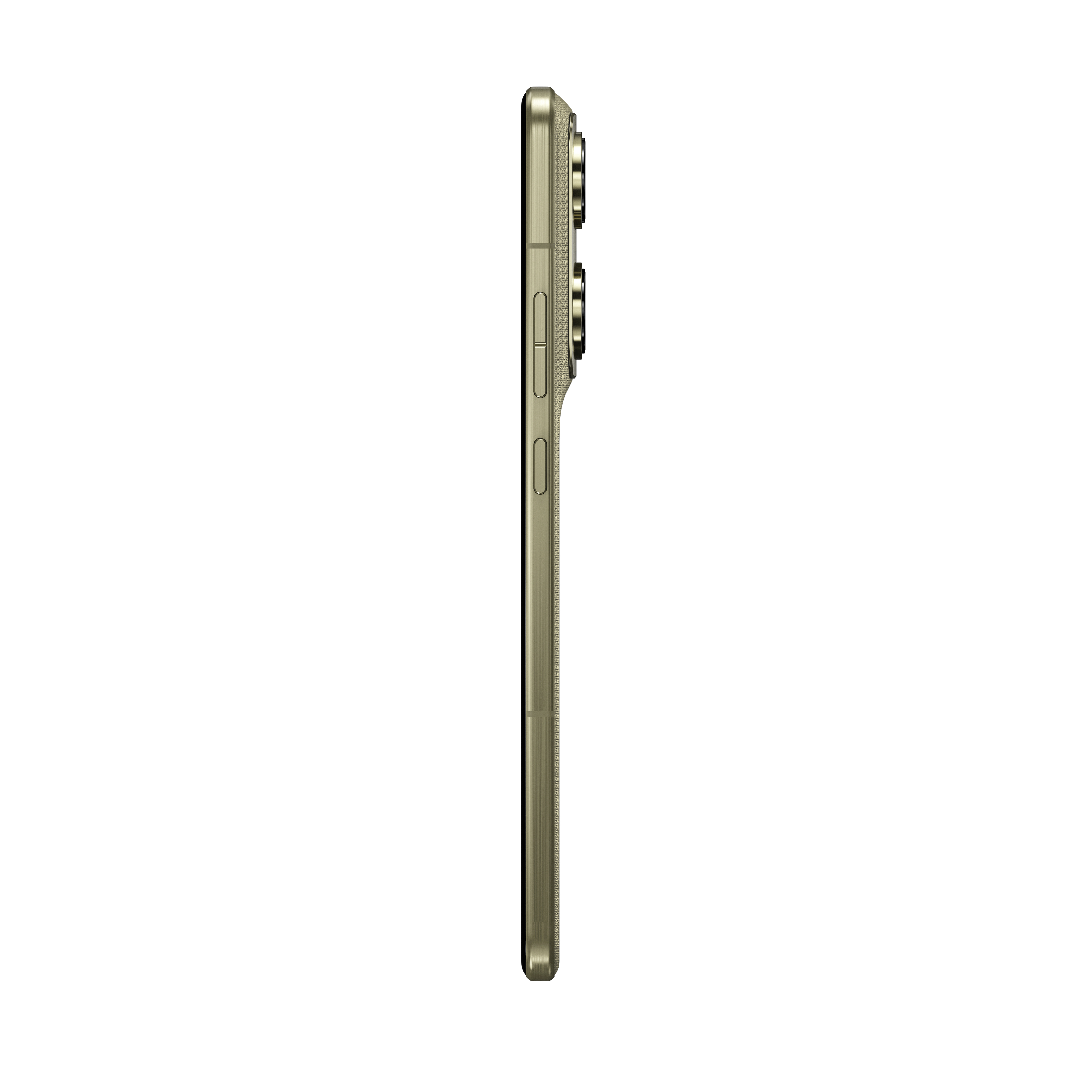 Goldene Smartphoneseite mit Kameras und Knöpfen auf weißem Hintergrund.
