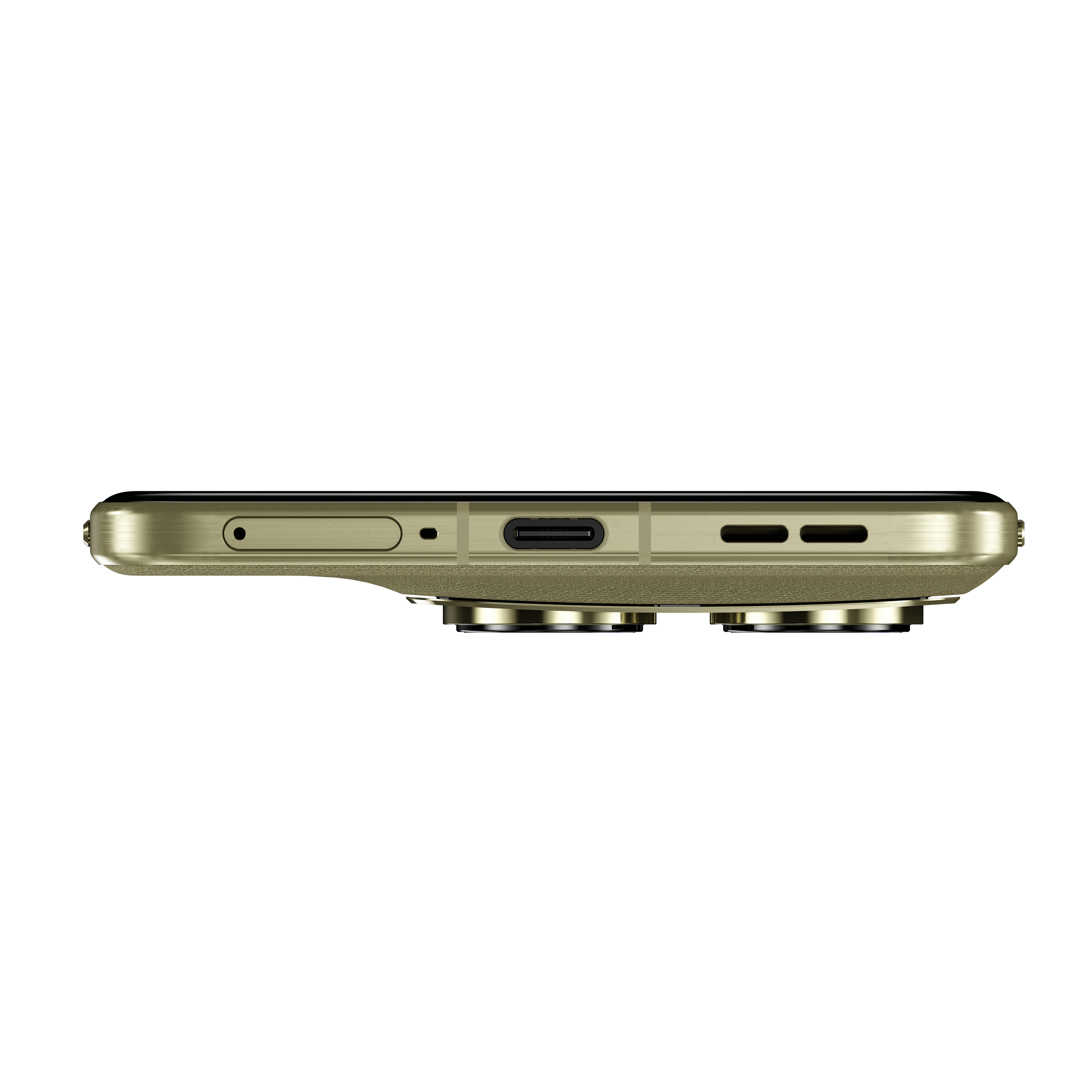 Ein goldener Smartphone-Rahmen mit USB-C-Anschluss, Lautsprechergittern und Kameralinsen.