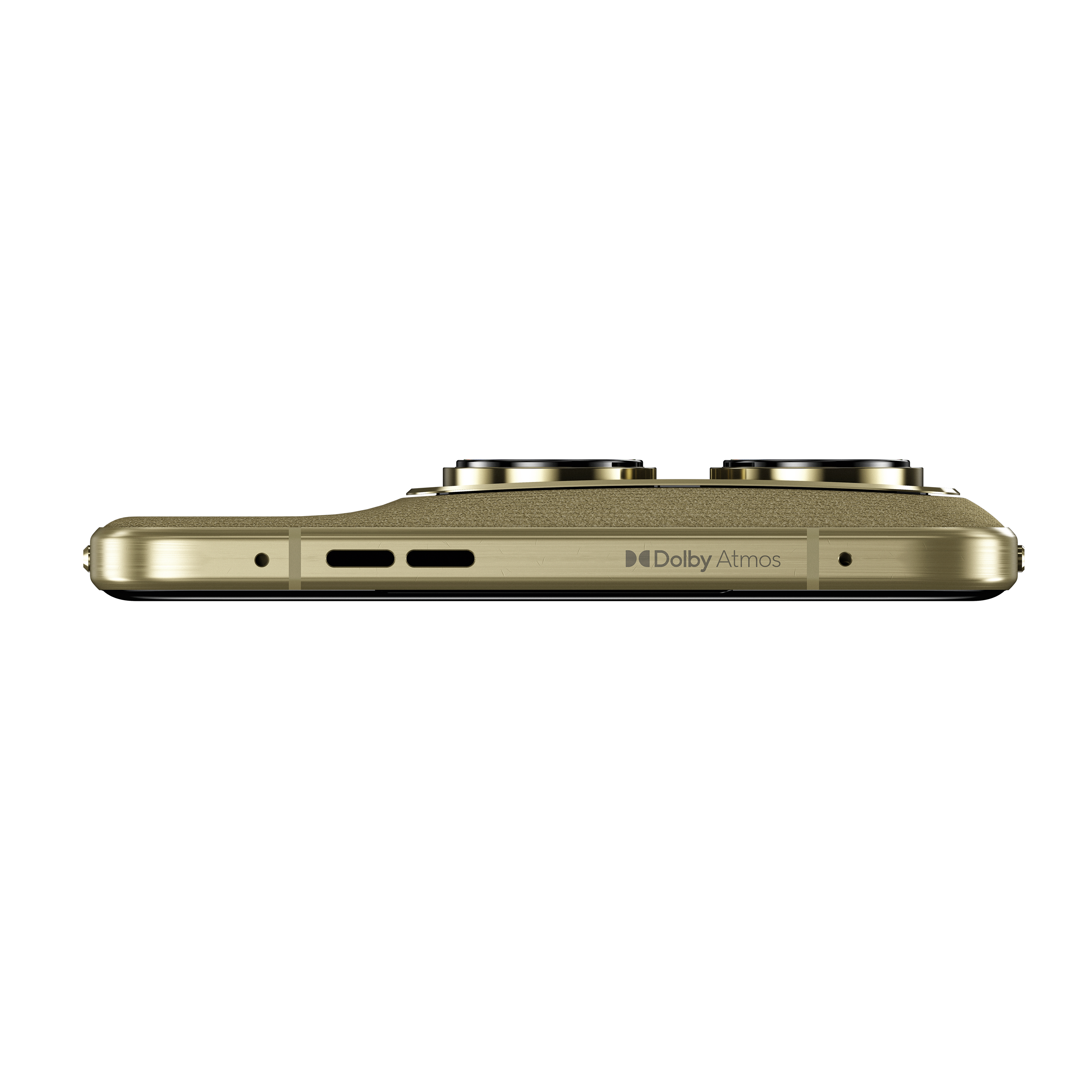 Goldenes Smartphone-Profil mit zwei Kameralinsen und Dolby Atmos Logo.