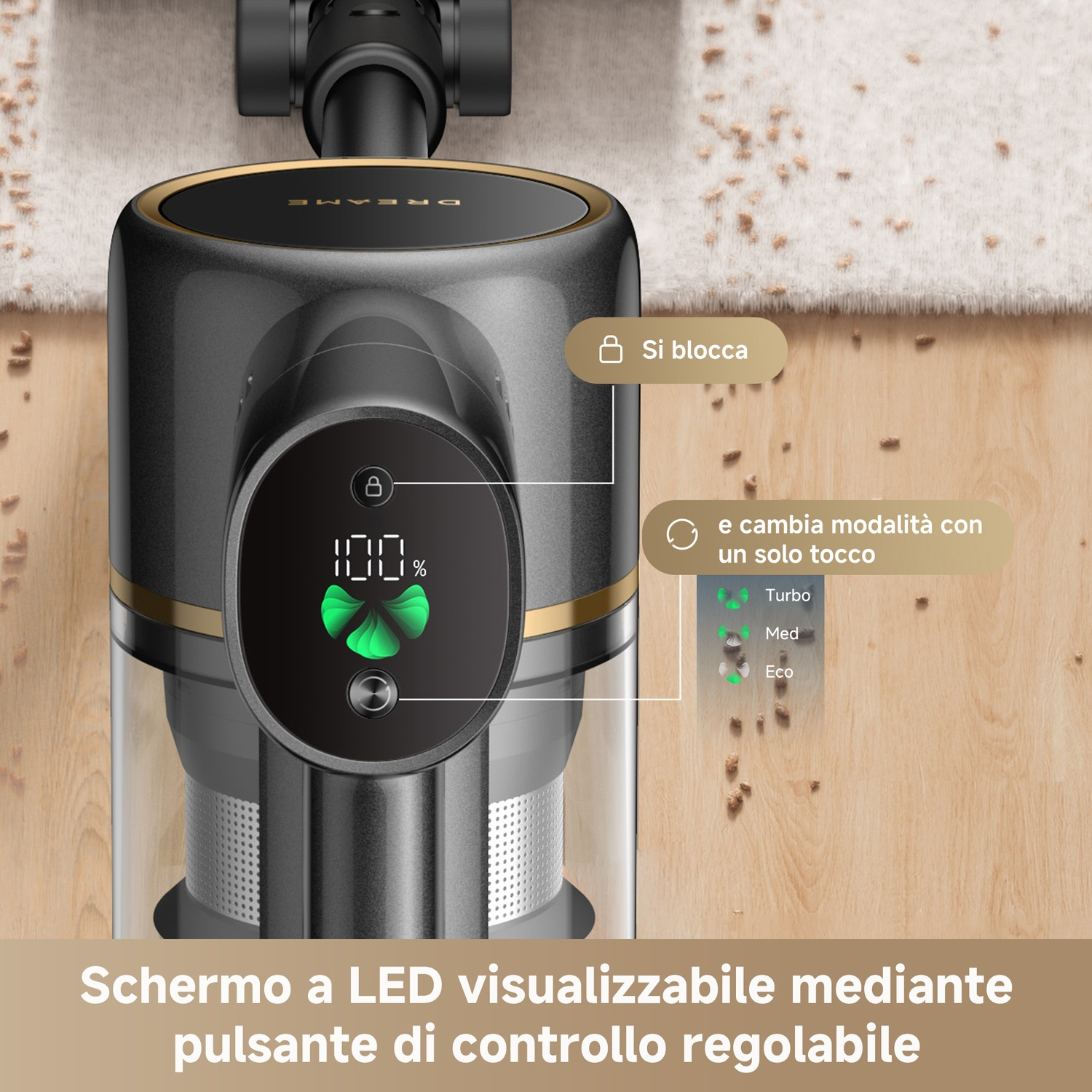 Un aspirapolvere nero con display digitale mostra 100%. Modalità: Turbo, Med, Eco.
