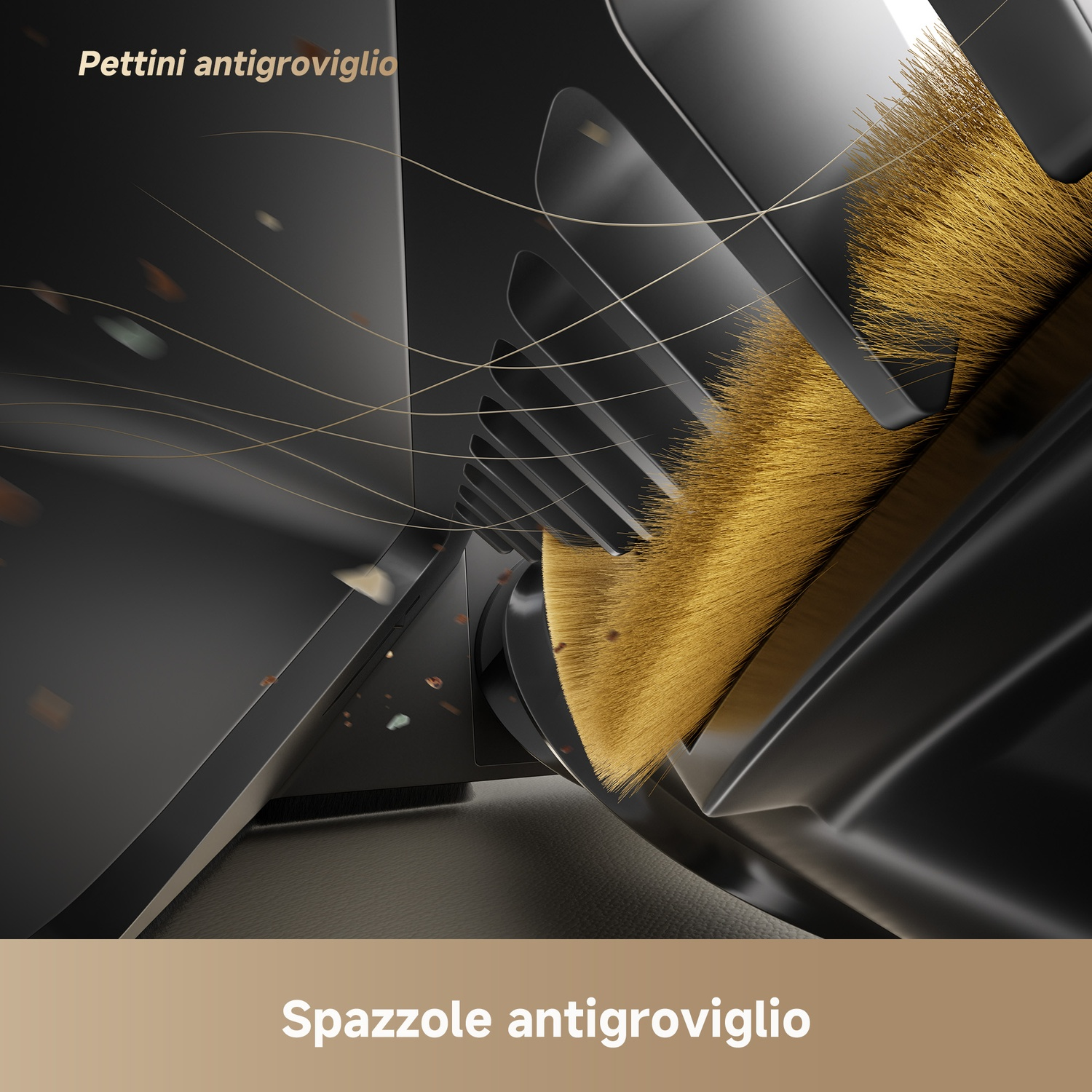 Setole dorate di una spazzola pettine che raccolgono detriti.