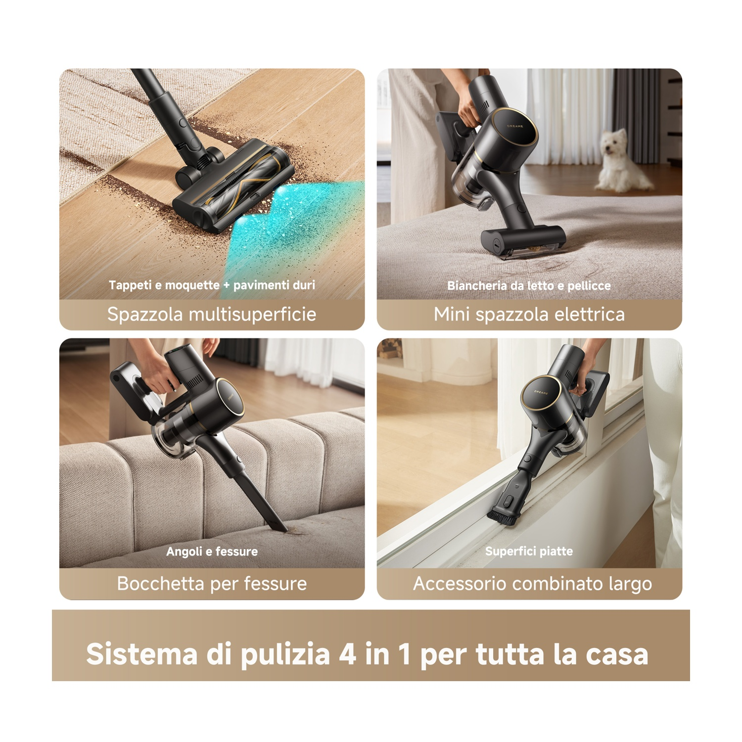 Quattro immagini mostrano un aspirapolvere per varie superfici e applicazioni.