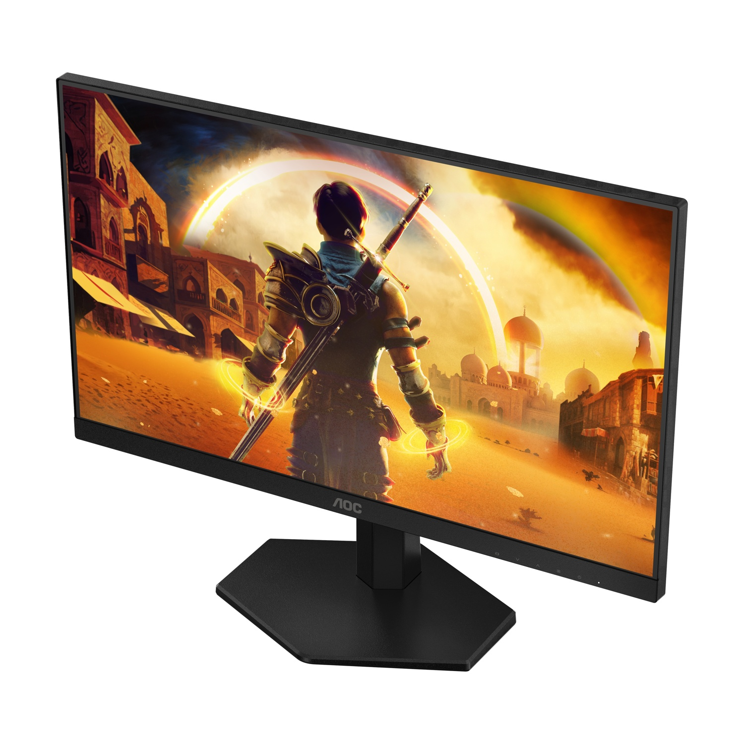 Un monitor da gaming mostra un mondo fantasy con un guerriero e una città al tramonto.