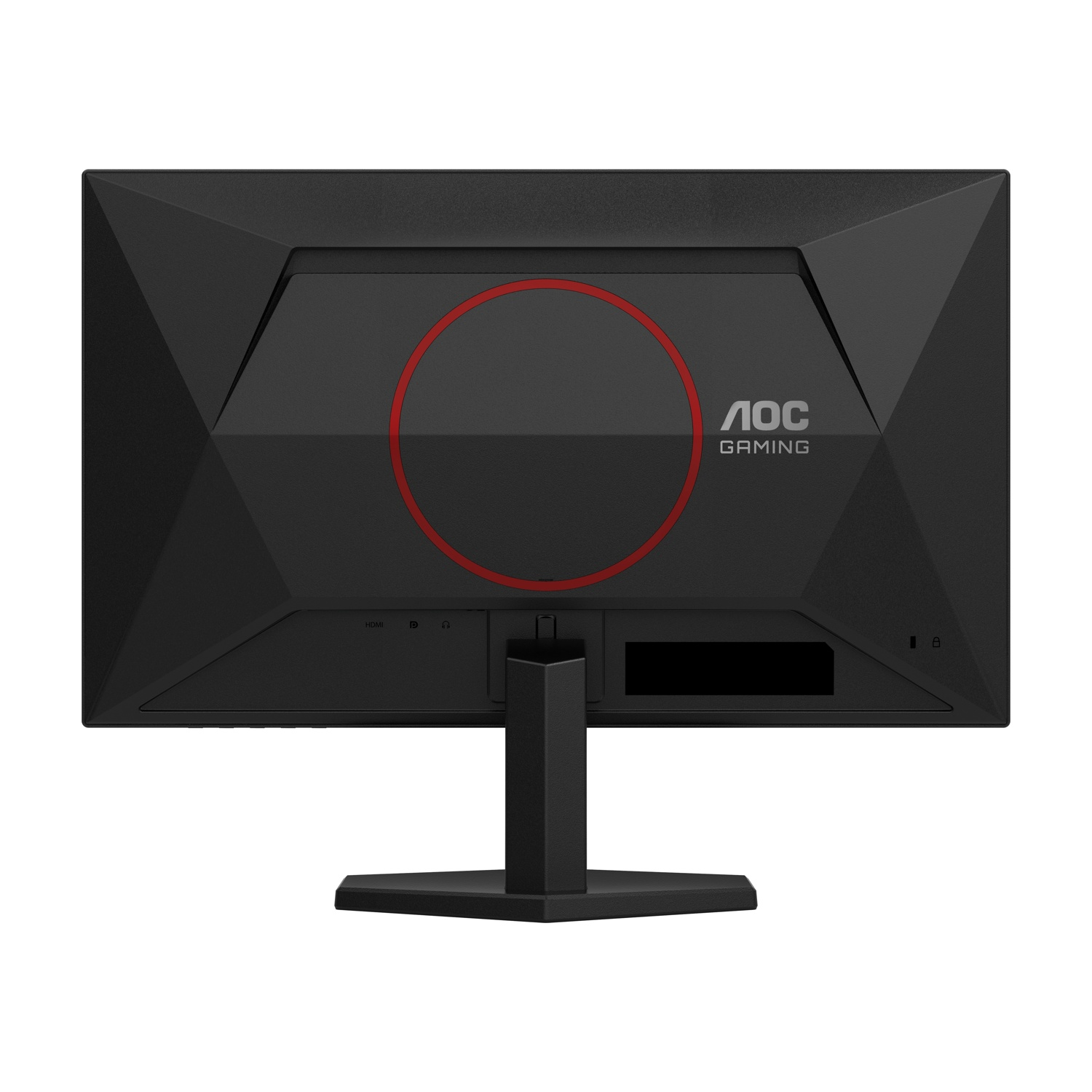 Retro di un monitor AOC Gaming nero con cerchio rosso e porte.