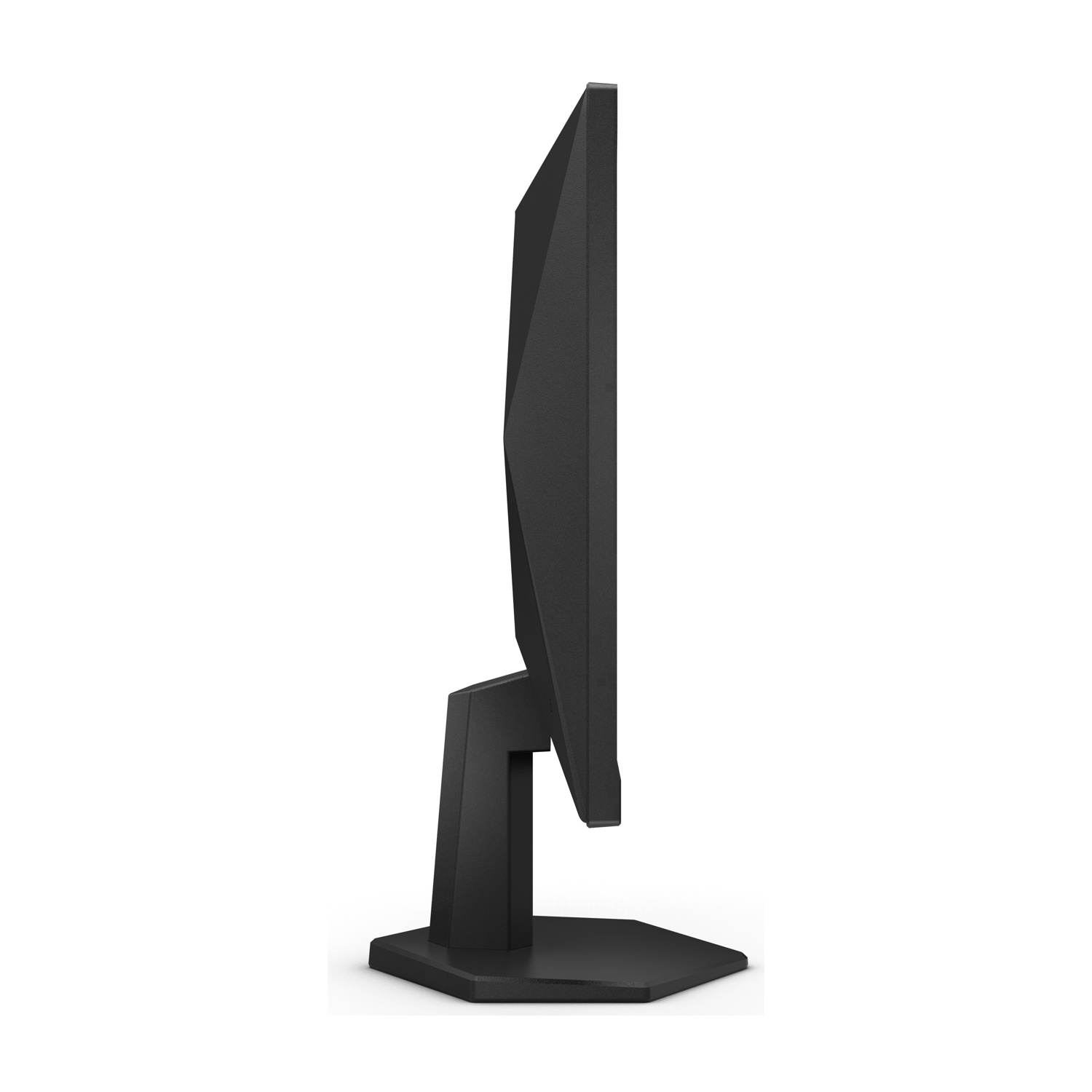 Un monitor di computer nero con il suo supporto, visto di lato.