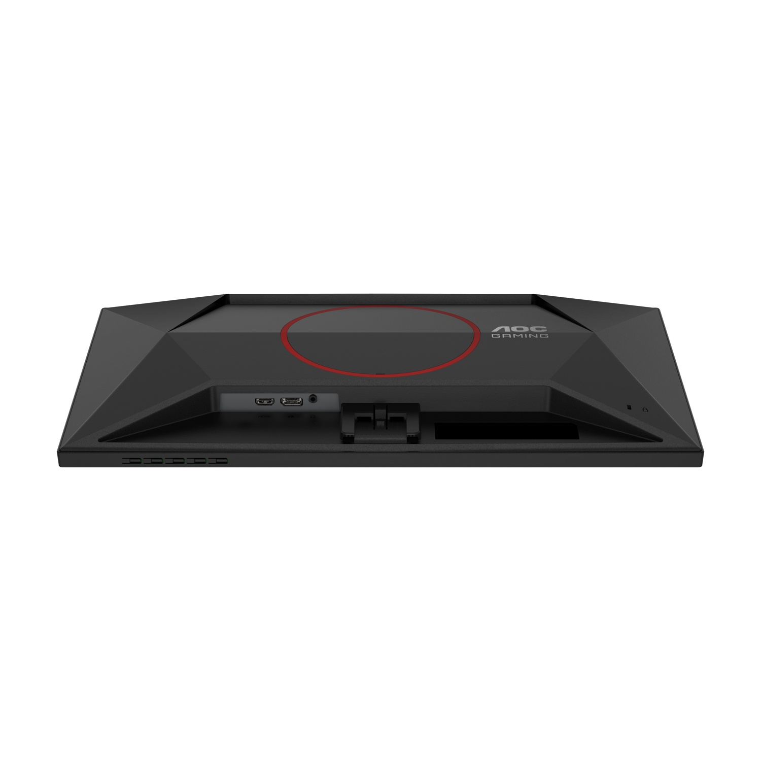 Retro di un monitor nero AOC Gaming con porte e anello rosso.