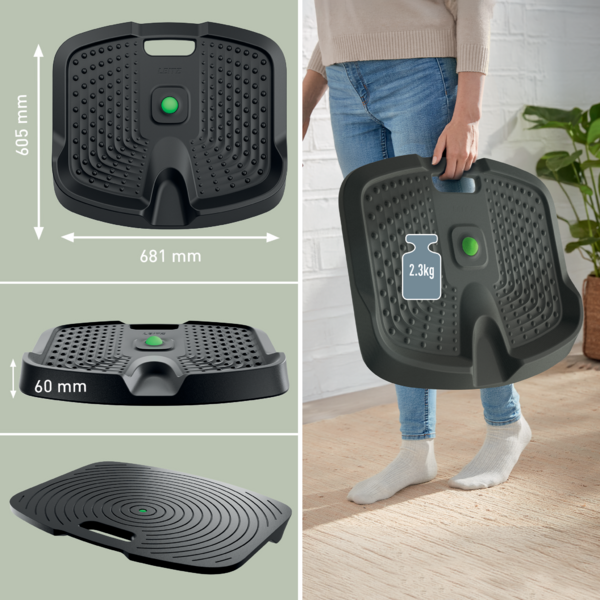 Schwarzer Balance-Trainer mit Noppen und grünem Knopf, Maße angegeben.