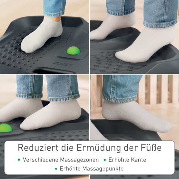 Füße auf einer grauen Fußstütze mit Massagepunkten und einer grünen Kugel.