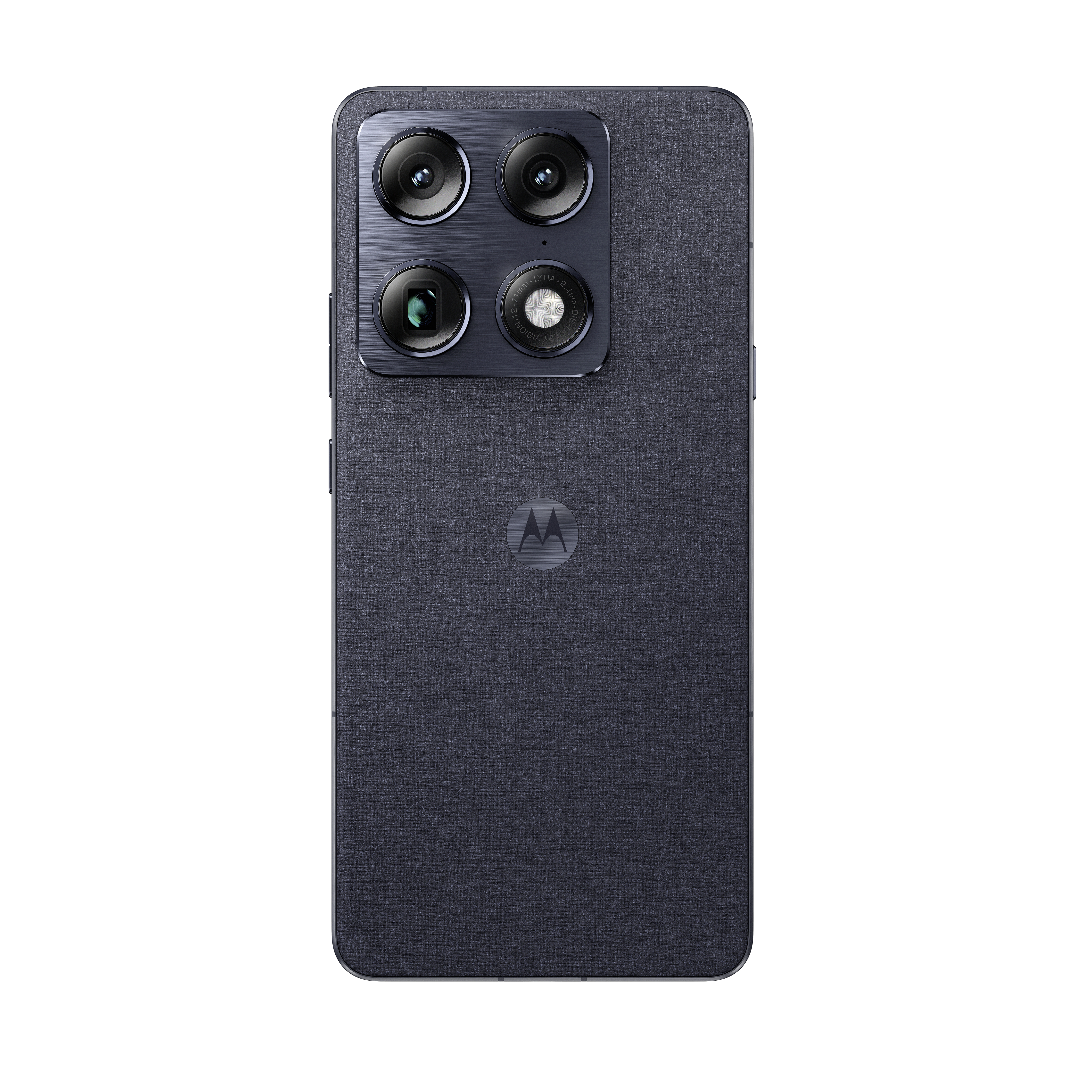 Dunkelgraues Smartphone mit vier Kameras und Motorola-Logo auf der Rückseite.