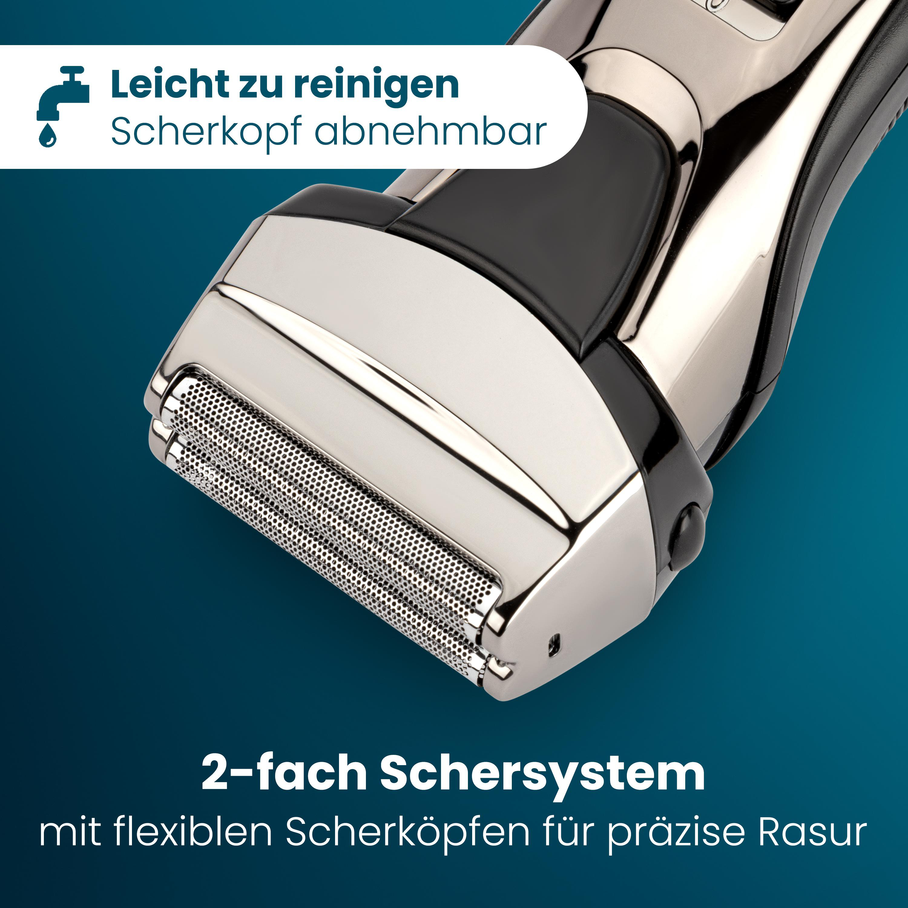 Elektrischer Rasierer mit 2-Klingen-System, abnehmbarem Scherkopf.