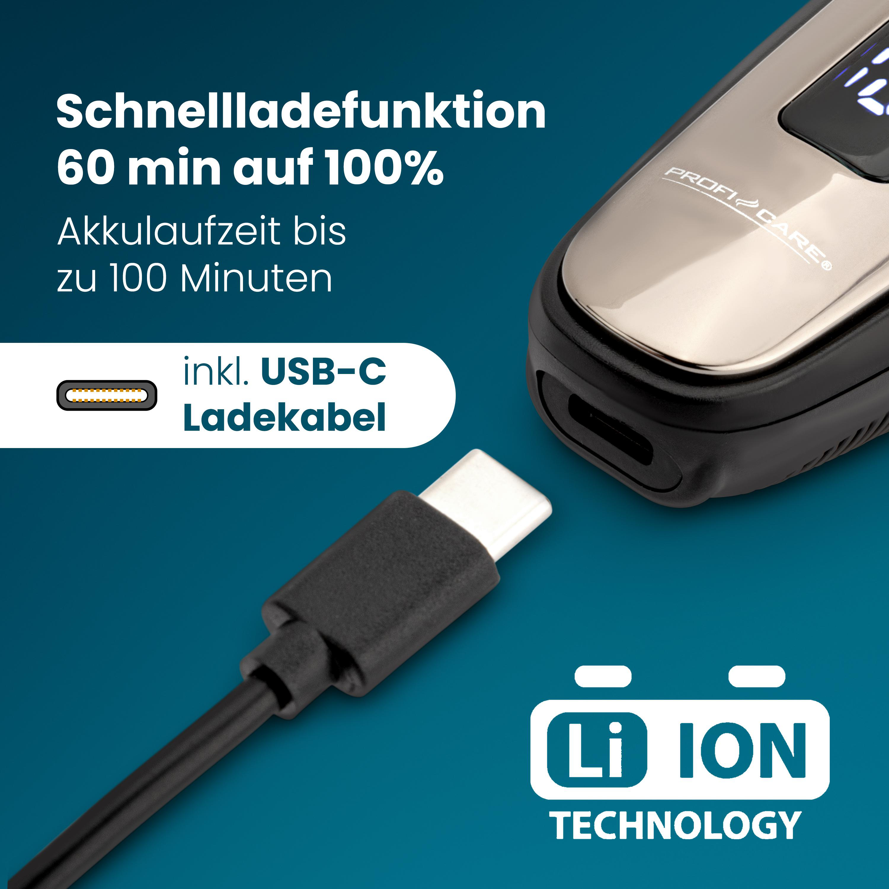 Ein elektrisches Gerät mit USB-C-Kabel und Li-Ion-Technologie-Logo.